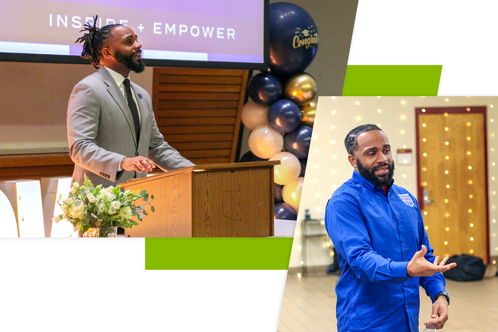 Photo collage of Marlon Ross Jr. presenting.