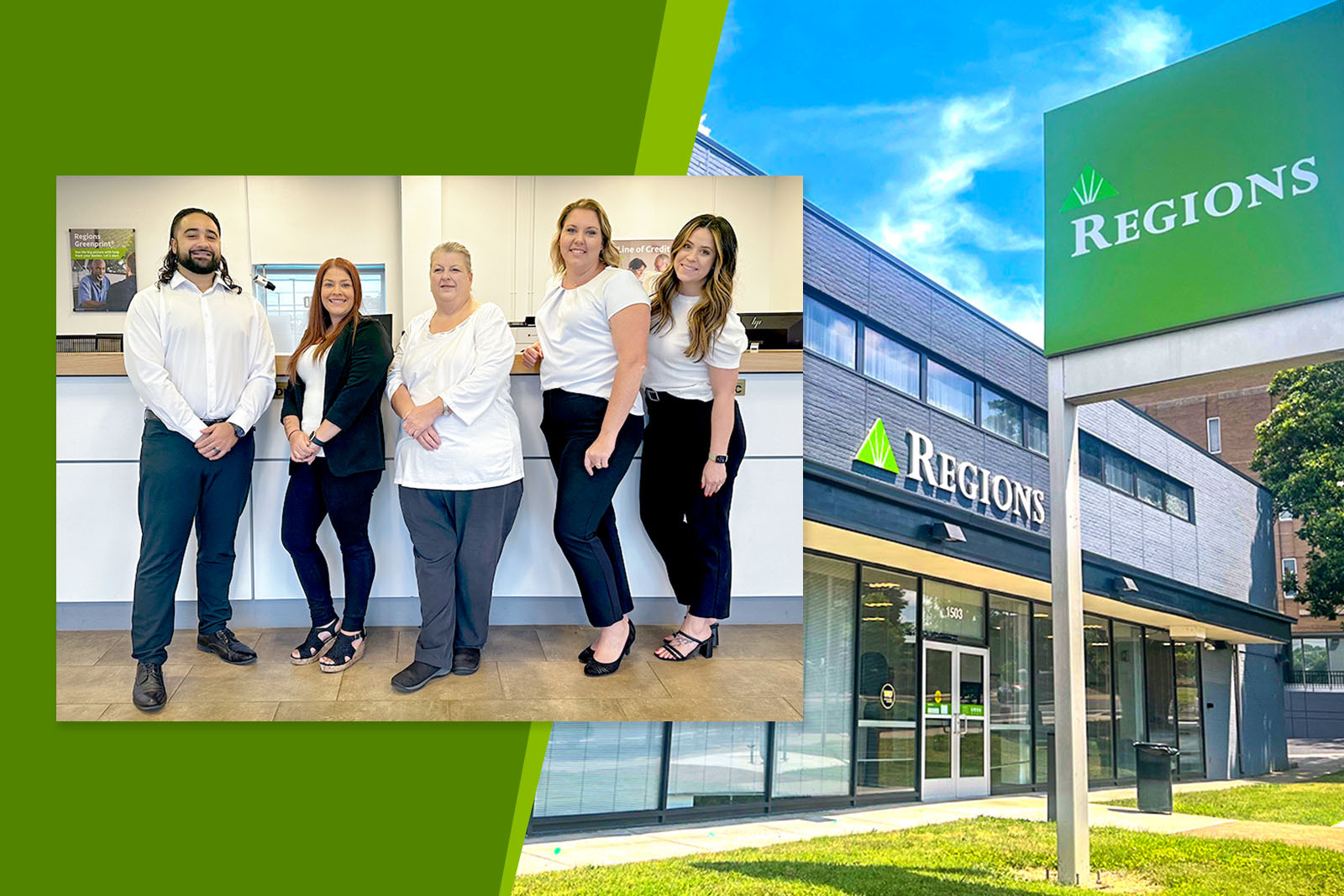 Group photo of branch associates and an exterior photo of...