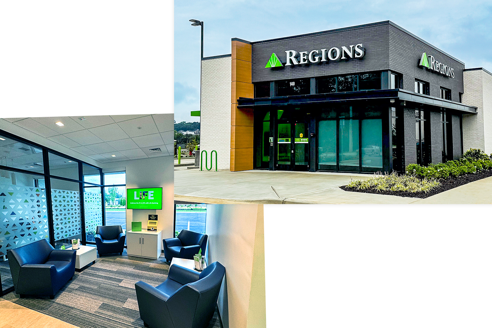 Photo of interior lobby at Town Madison Branch and exterior photo of building.