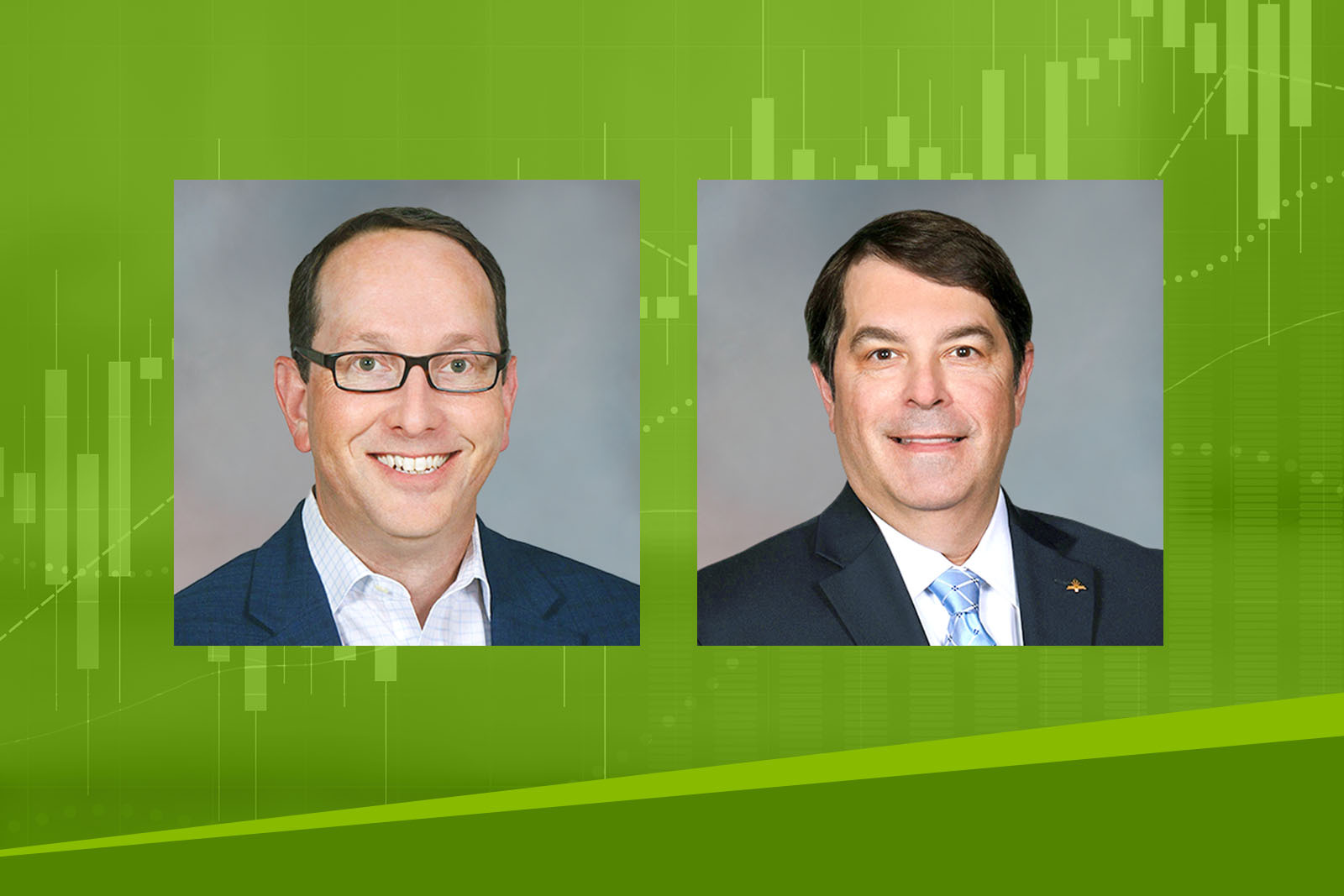 Headshots of Paul Gottlieb and Tom Cochran atop a financial...