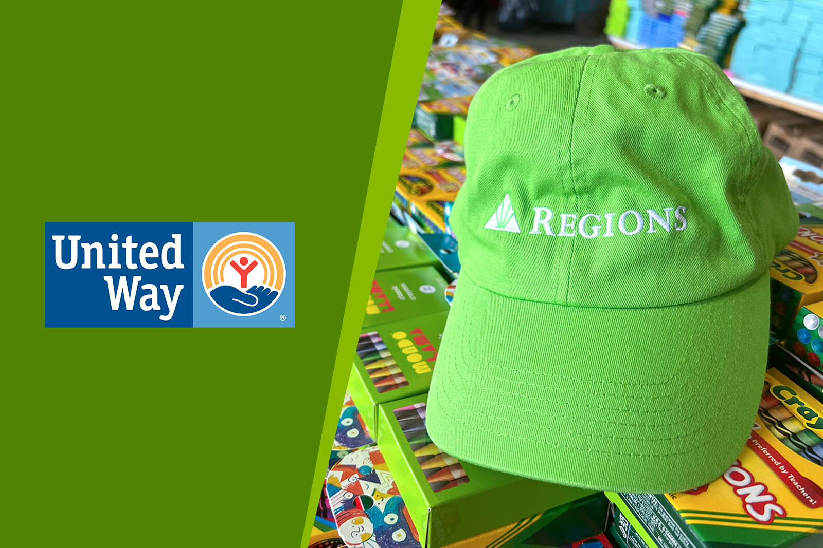 Regions hat on top of crayons and United Way logo