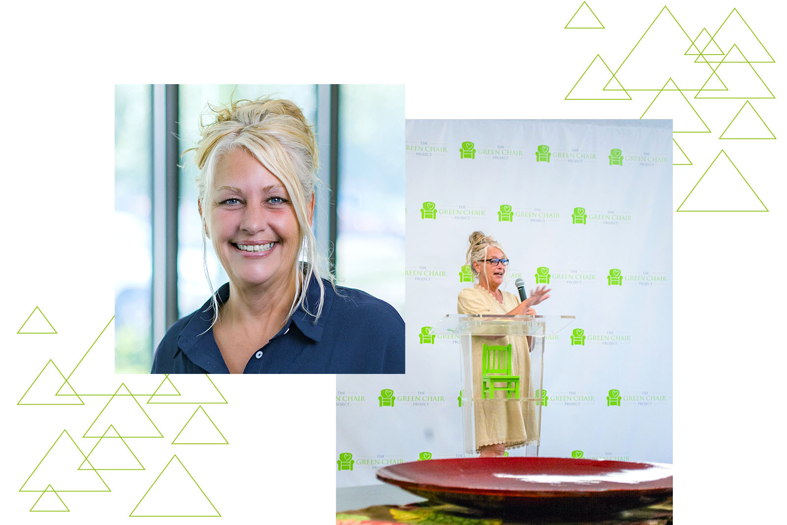 Headshot of Amy Sigmon and a photo of Amy speaking at a podium.