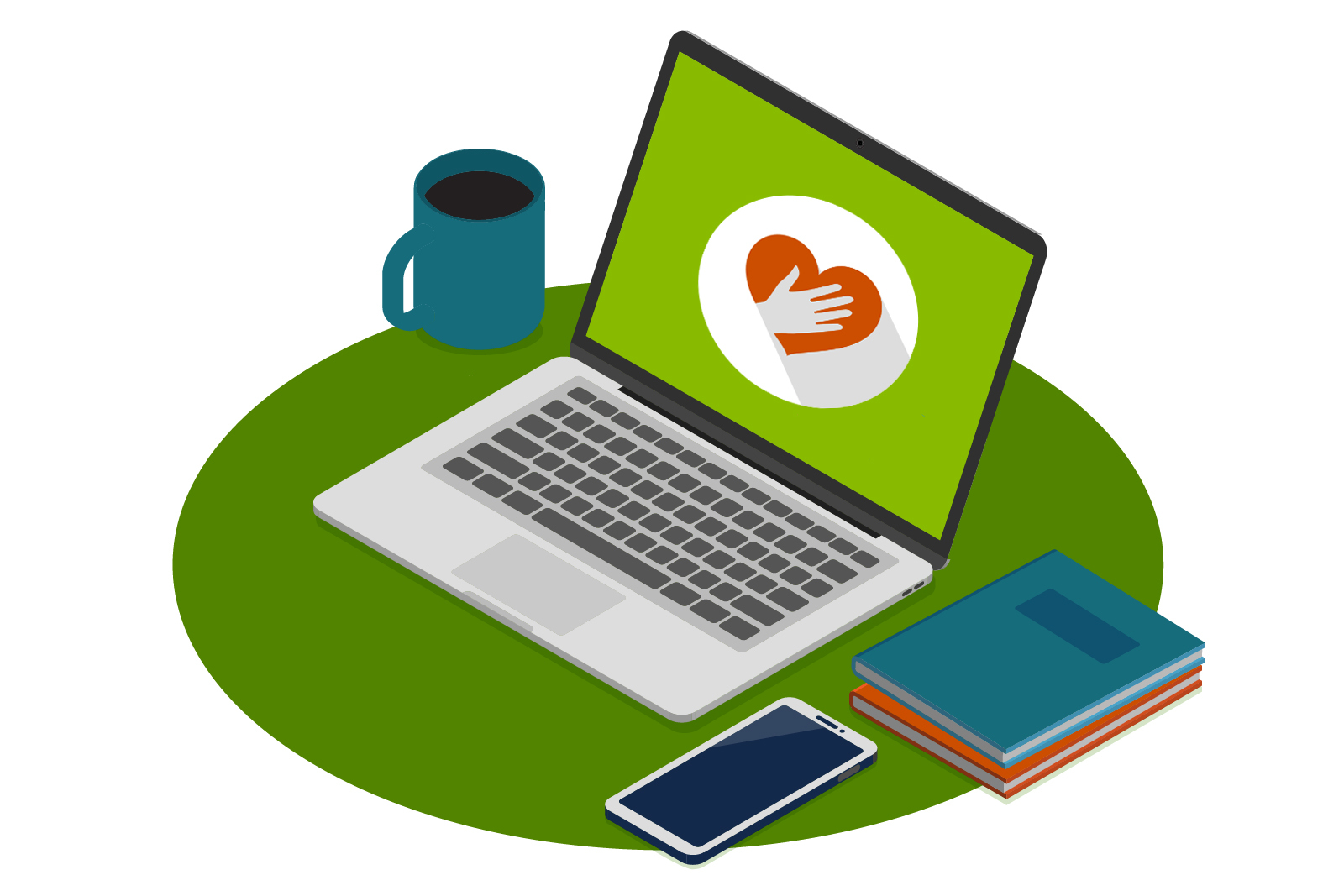 Illustration of a laptop on a desk with a notebook,...