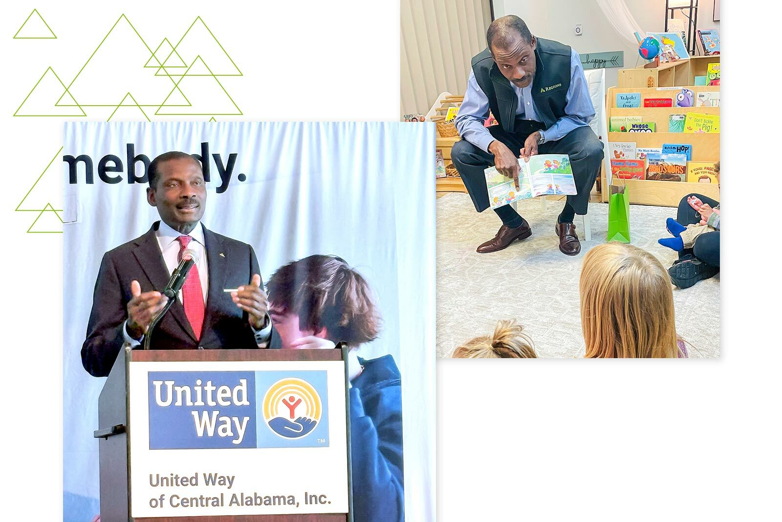 Collage: Abraham Leroy at United Way event and Leroy reading to kids