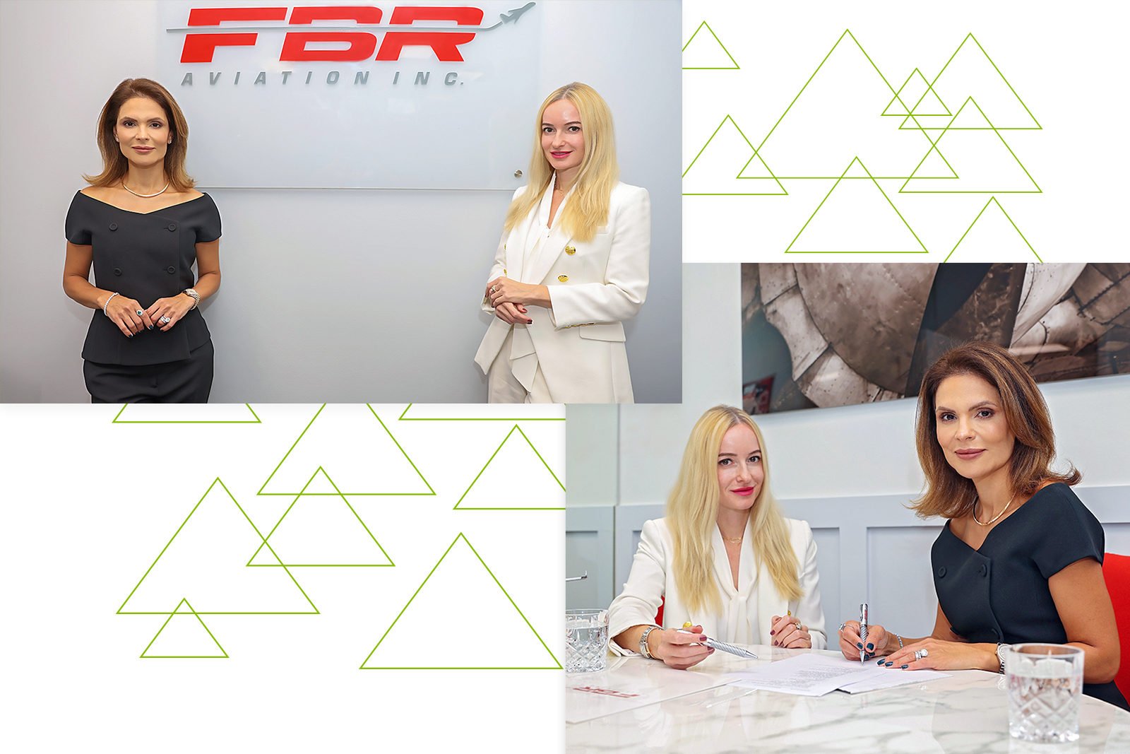 Photos of Danielle Silva Adornato and Iris Hirth standing in front of FBR sign and sitting at a table.