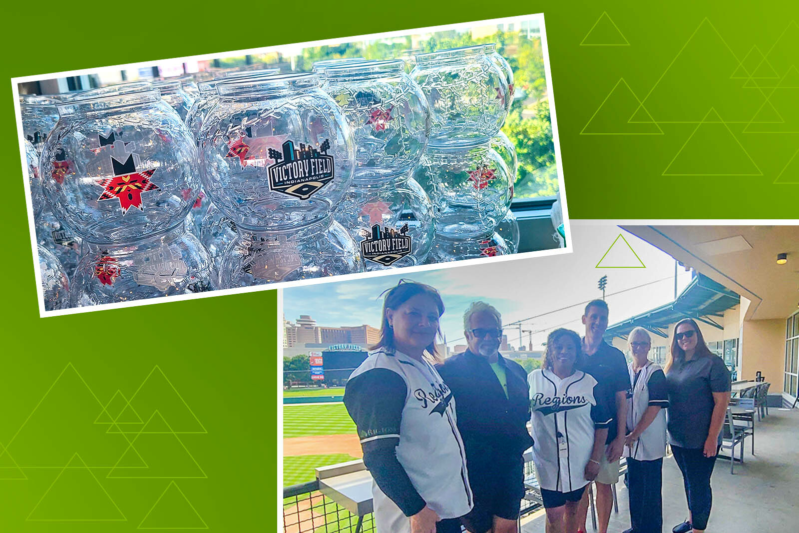 photo of jars and a group photo at Victory Field. 