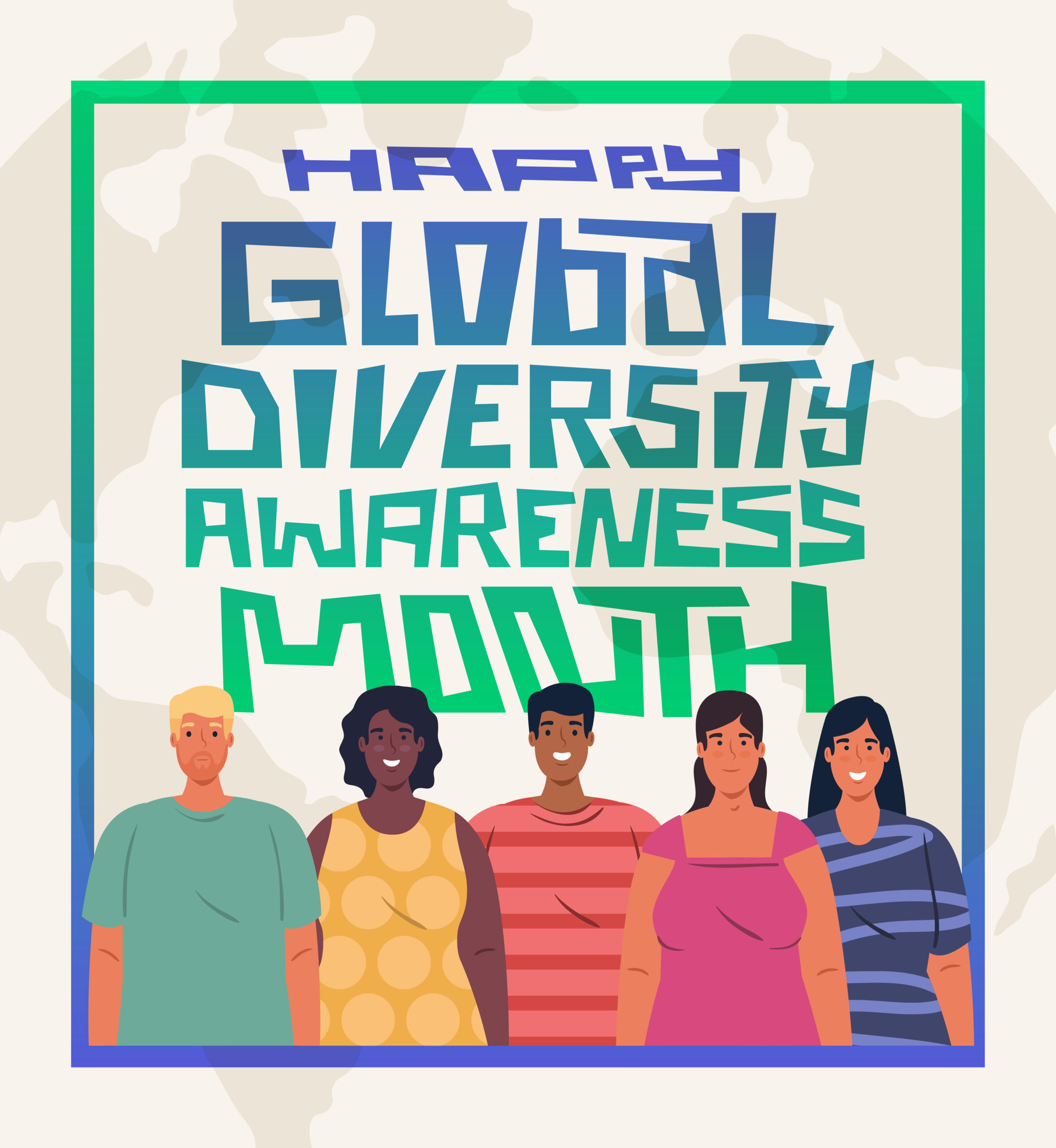 Illustration of group of people. Text: Happy Global Diversity Awareness Month.
