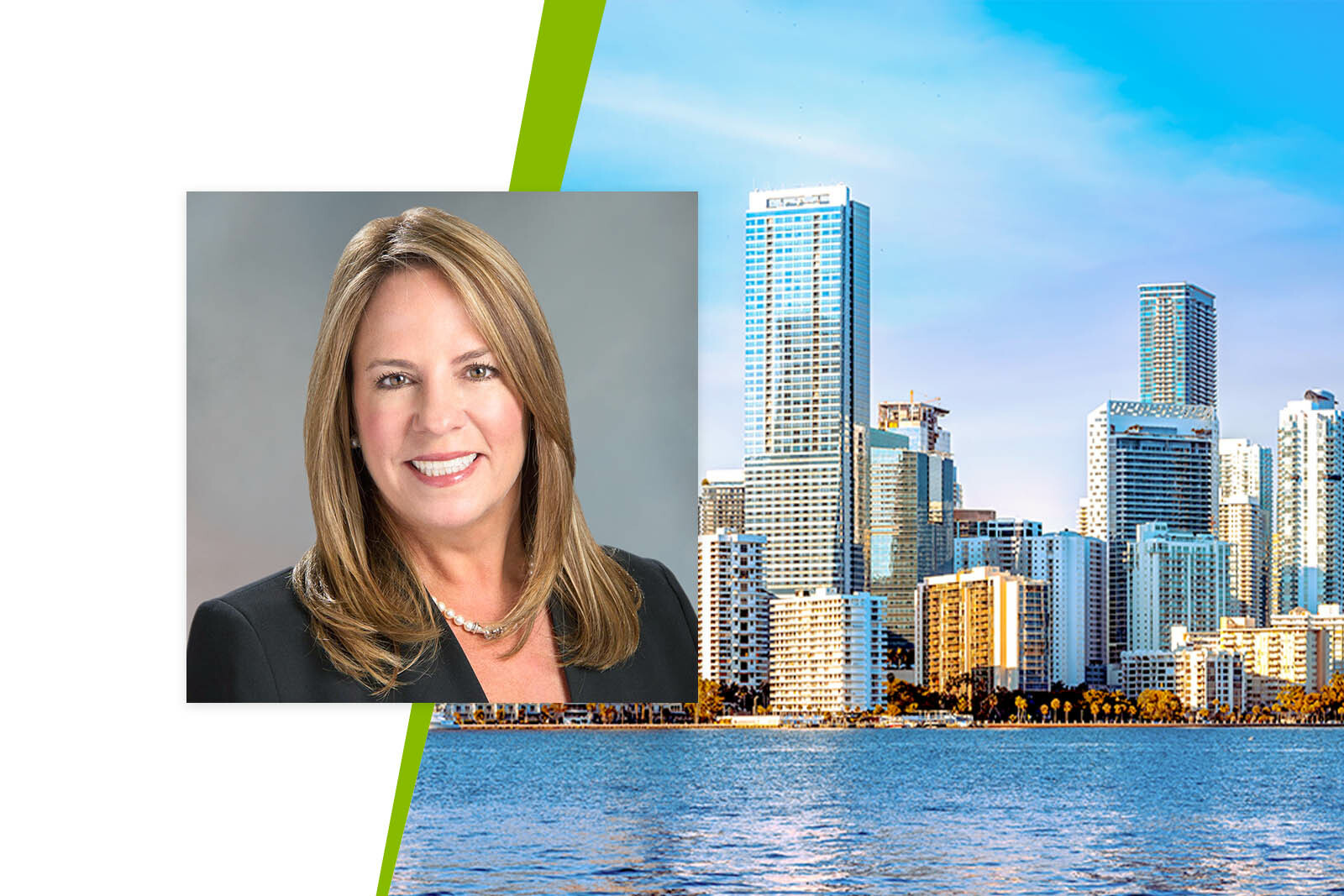 Headshot of Tammi Calvo Sanchez and a Miami Skyline photo.