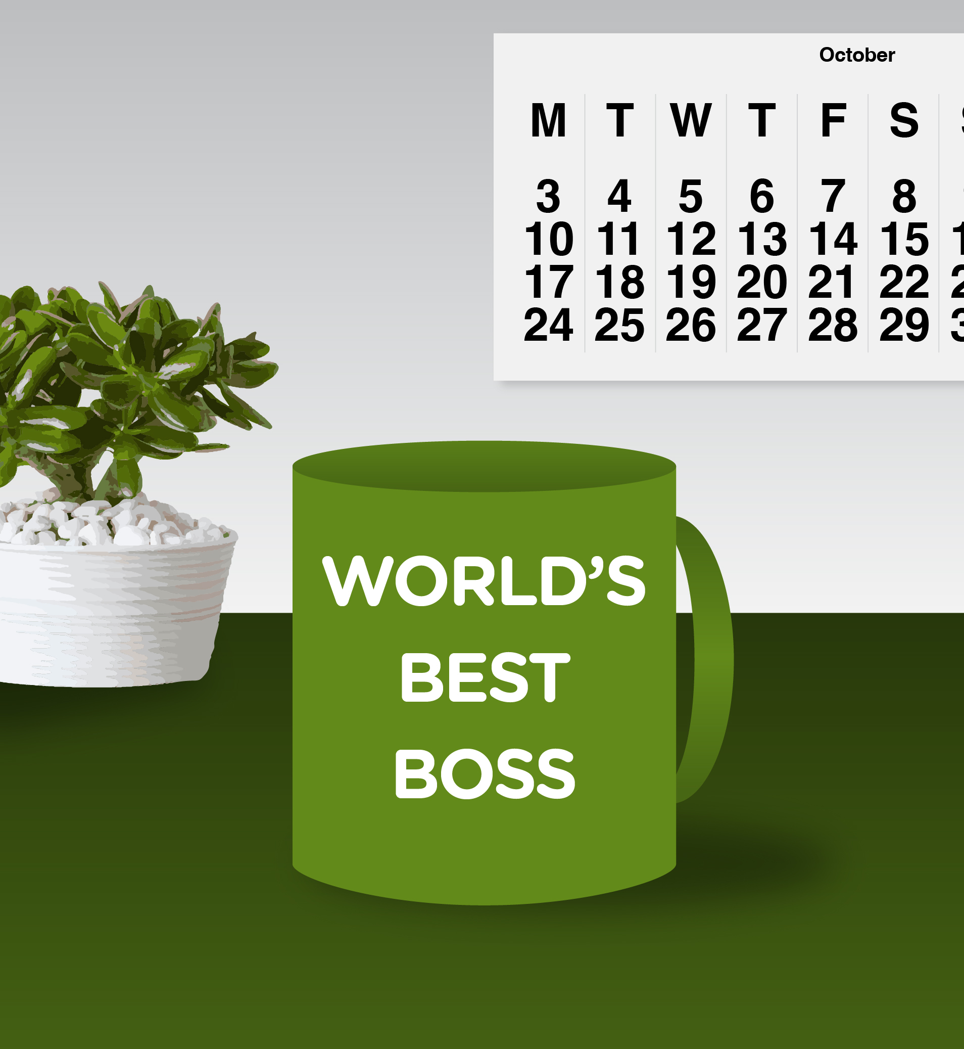 World's Best Boss mug sitting on desk with plant and wall calendar.