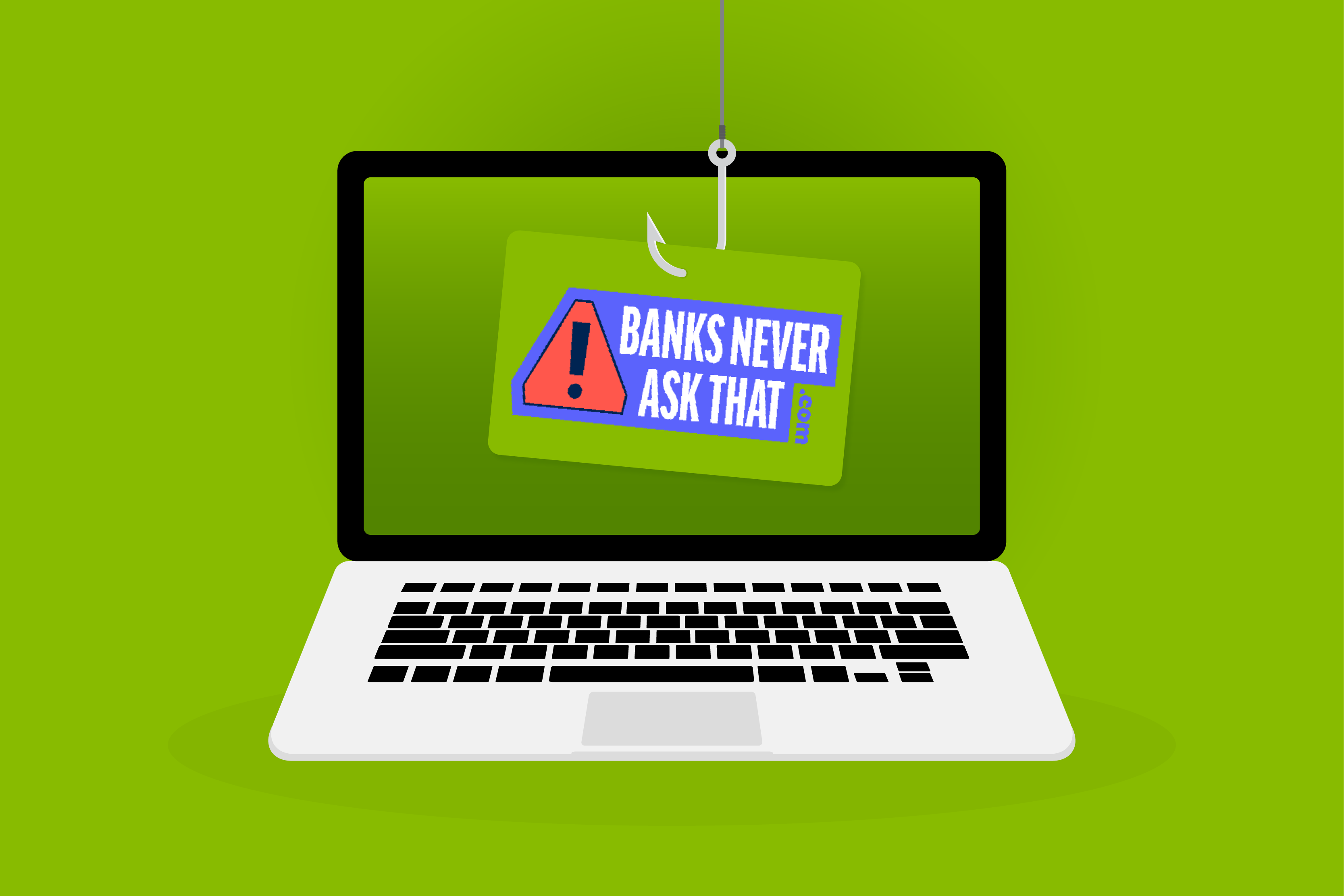 Illustration of a laptop screen and fishing hook reeling a...