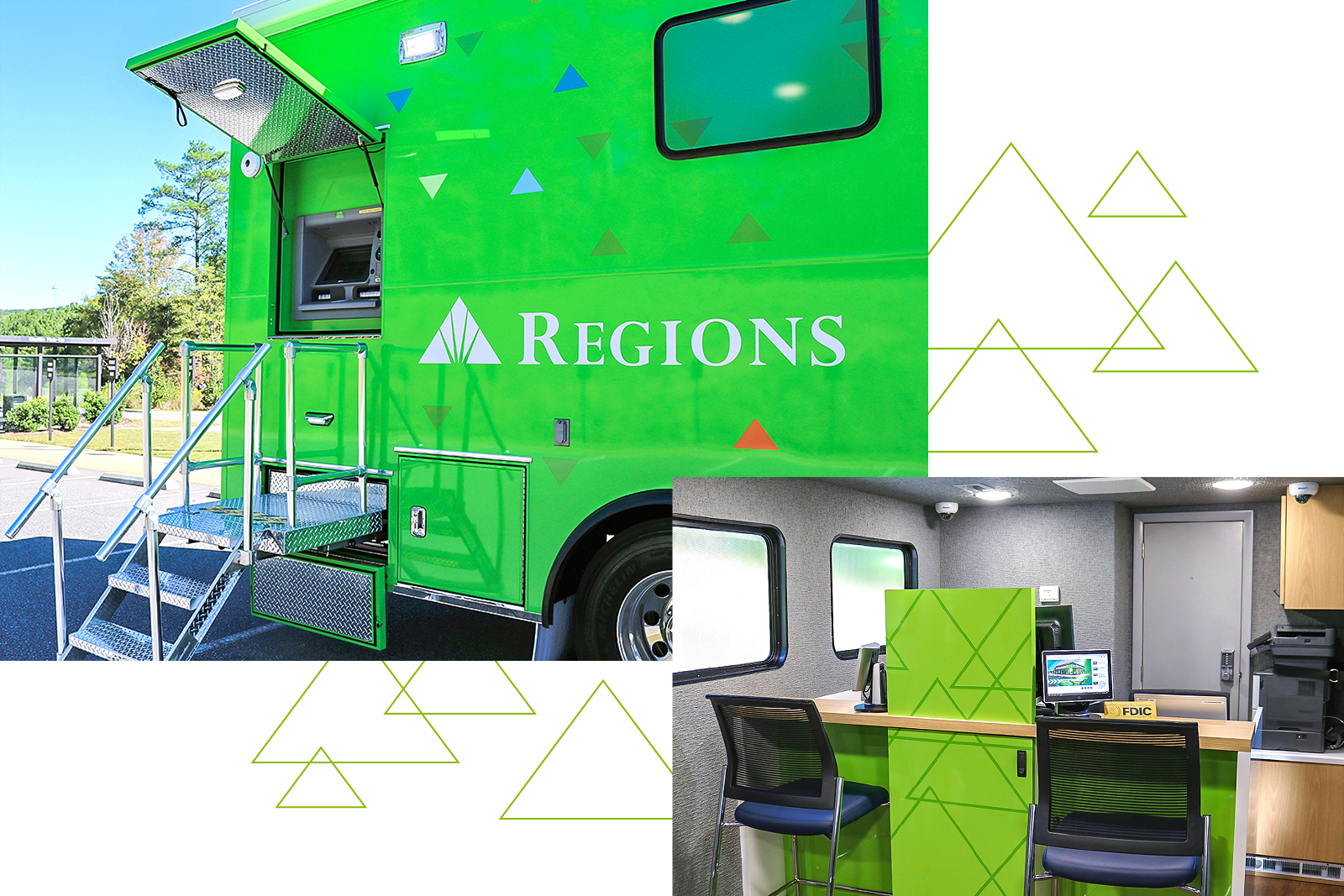 Regions portable branch facility on wheels showing access to ATM and small lobby.