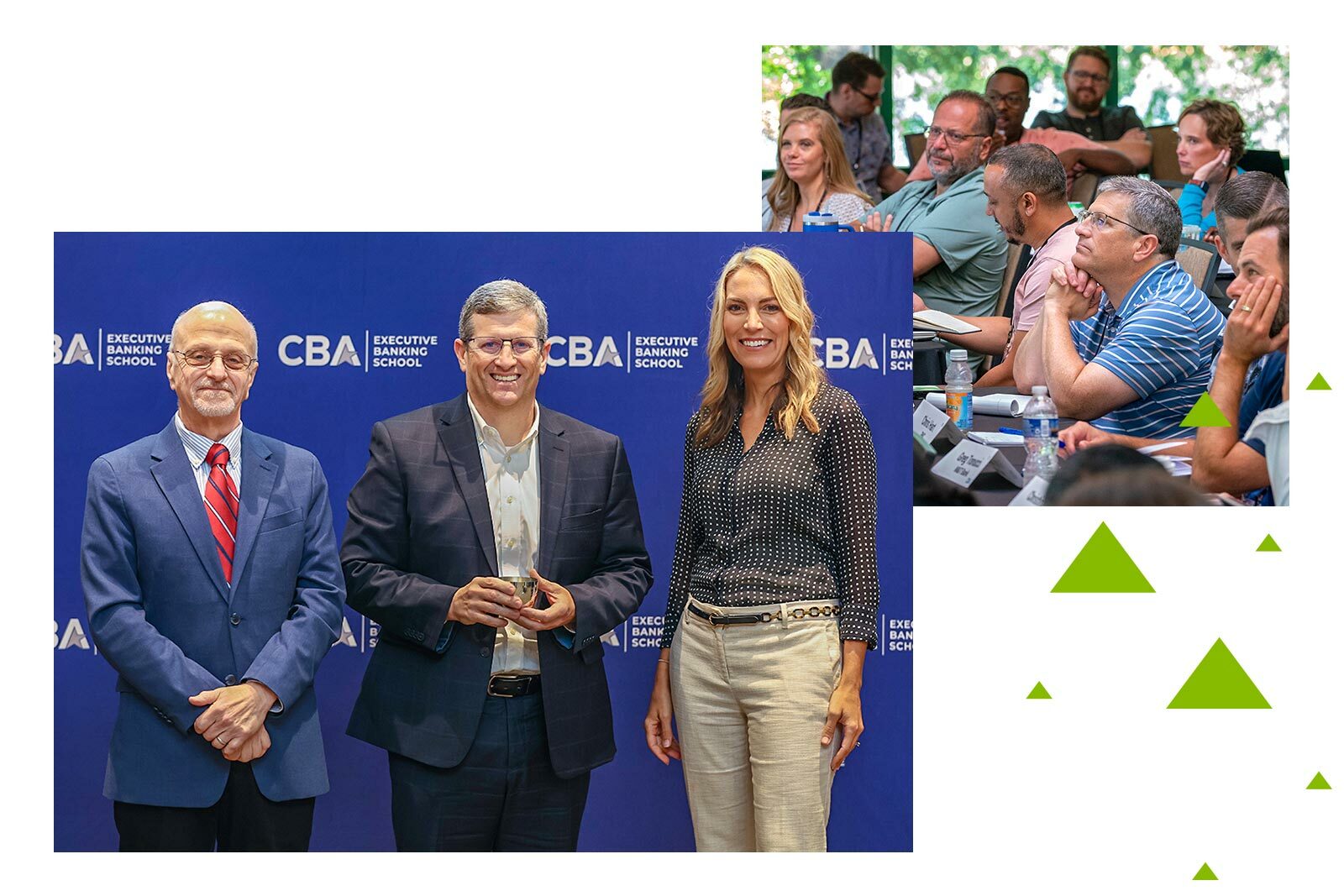 Taylor Denard taking Consumer Banking Group (CBA) classes and at the CBA graduation.