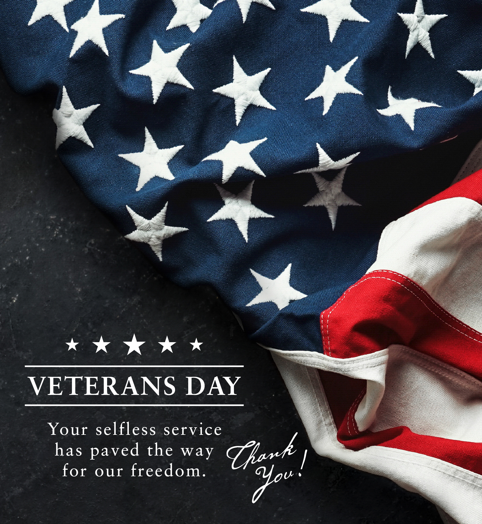 American flag. Text: Veterans Day. Your selfless service has paved the way for our freedom. Thank you!