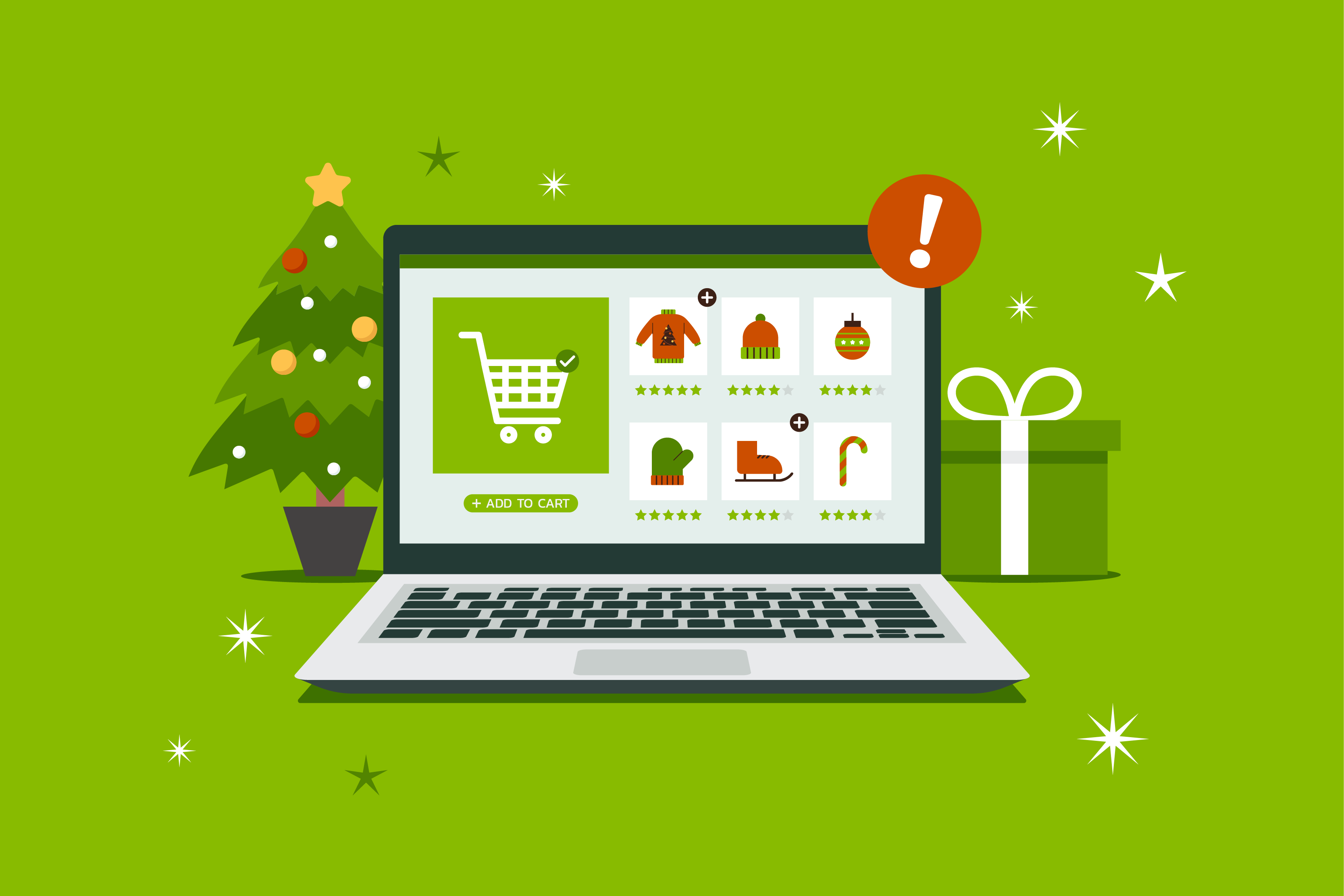 Laptop with holiday shopping on the screen and Christmas tree...