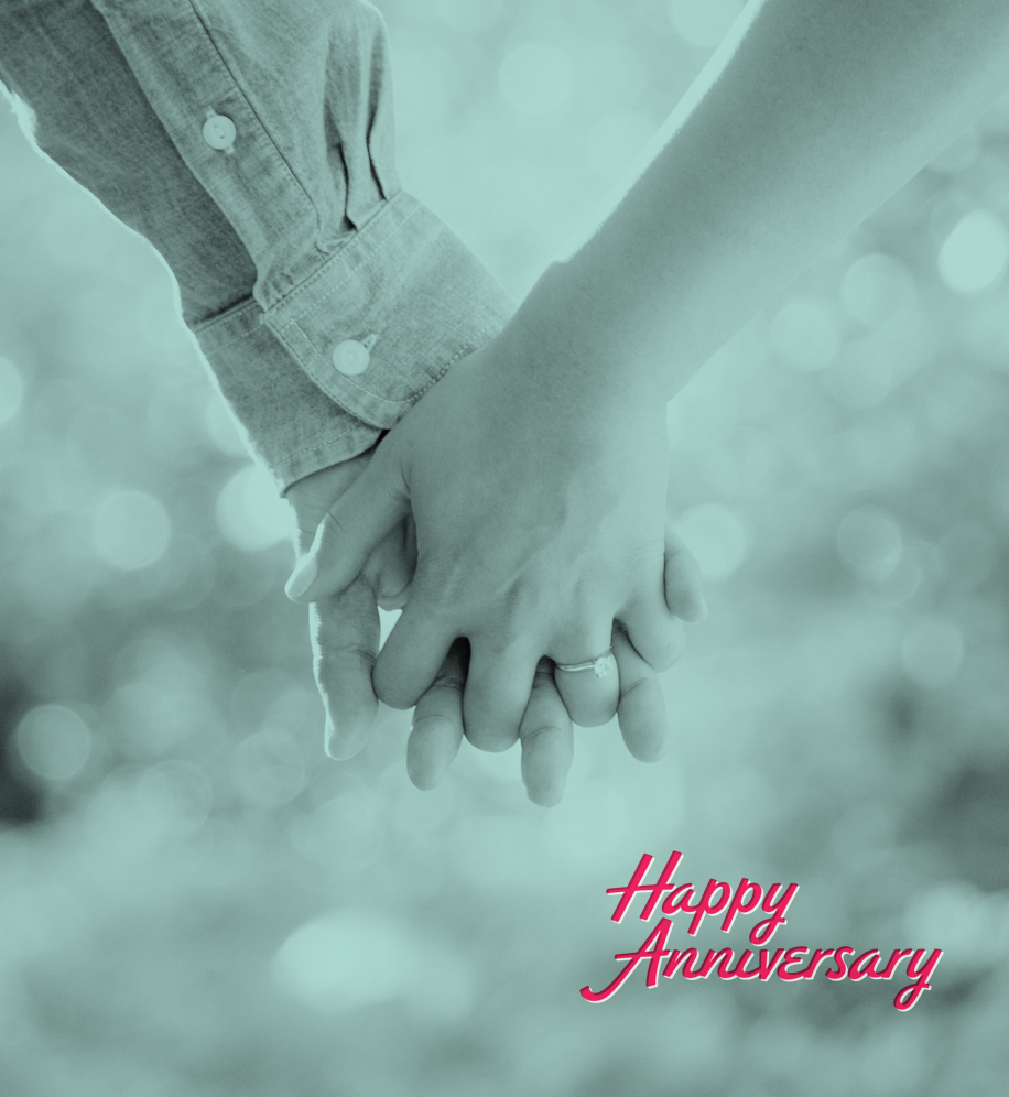 Couple holding hands. Text: Happy Anniversary.