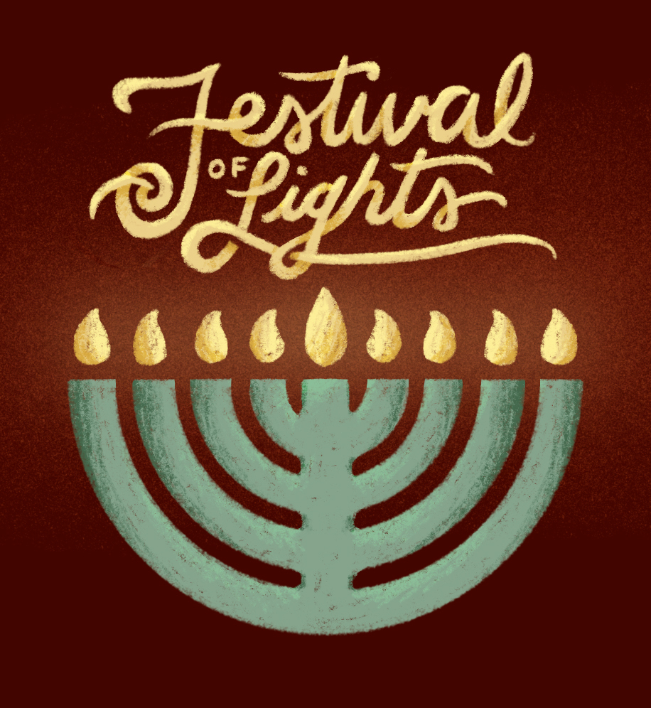 Menorah illustration. Text: Festival of Lights.