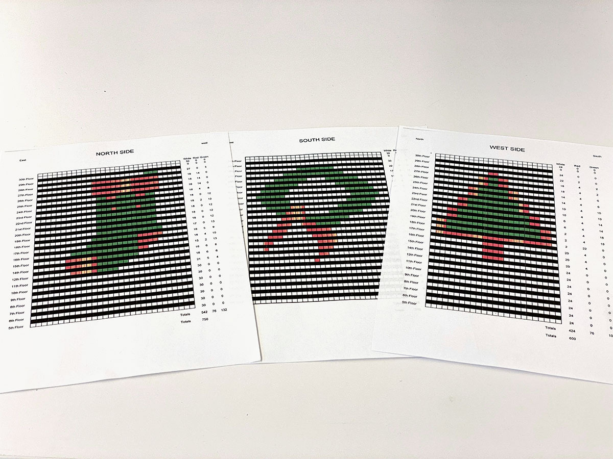 Paper grids for Color Gel installation. Pattern are a stocking, wreath, and Christmas tree.