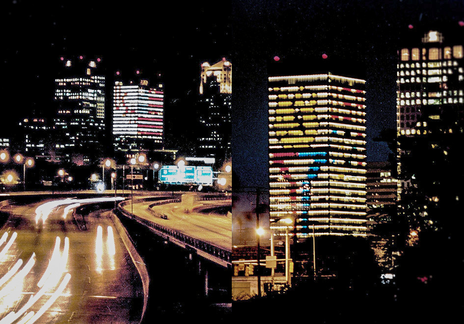 Old images of Regions center lit to pay homage to the Gulf War and Olympic Games.