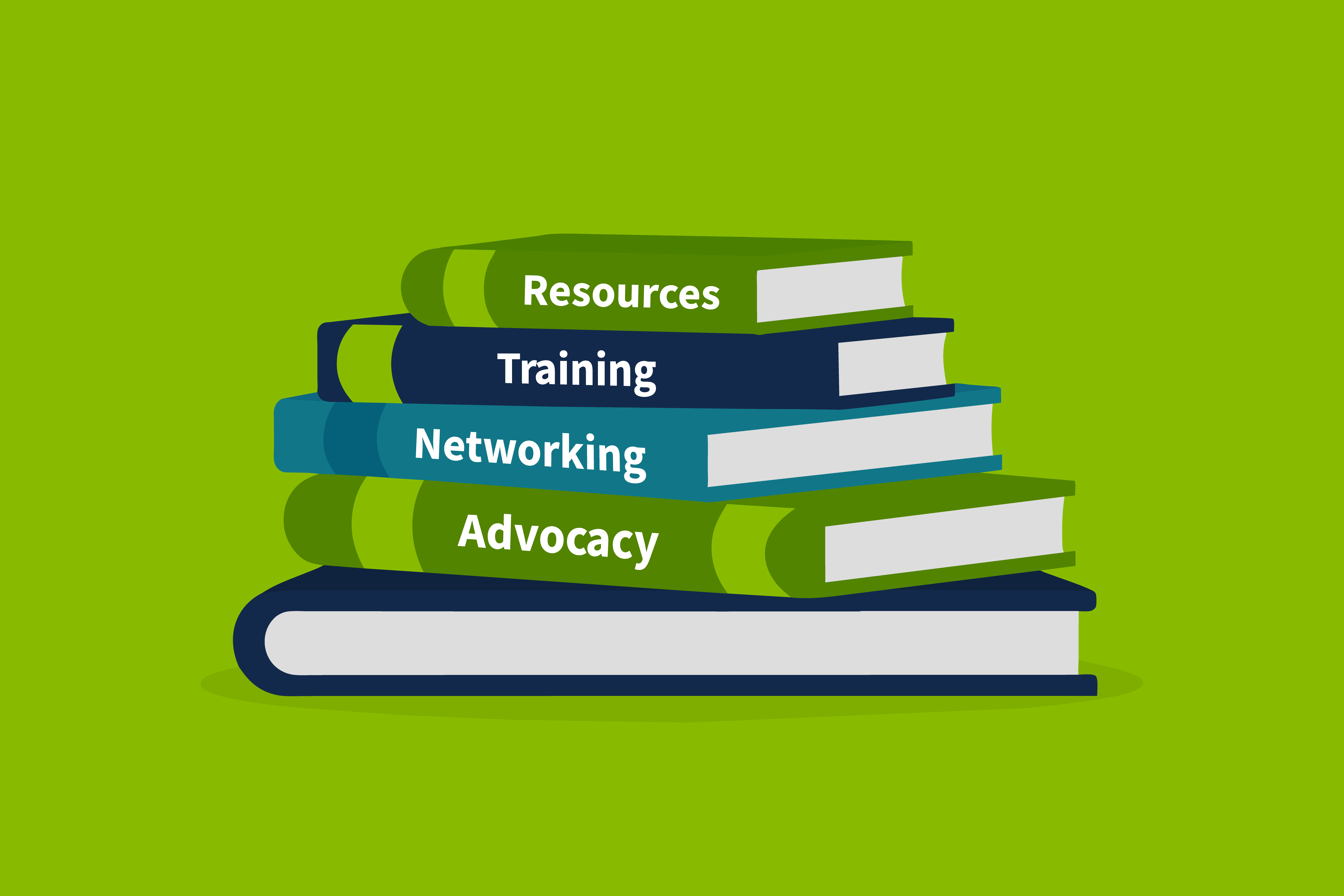 Illustration of stacked books with resources, training, networking and advocacy...