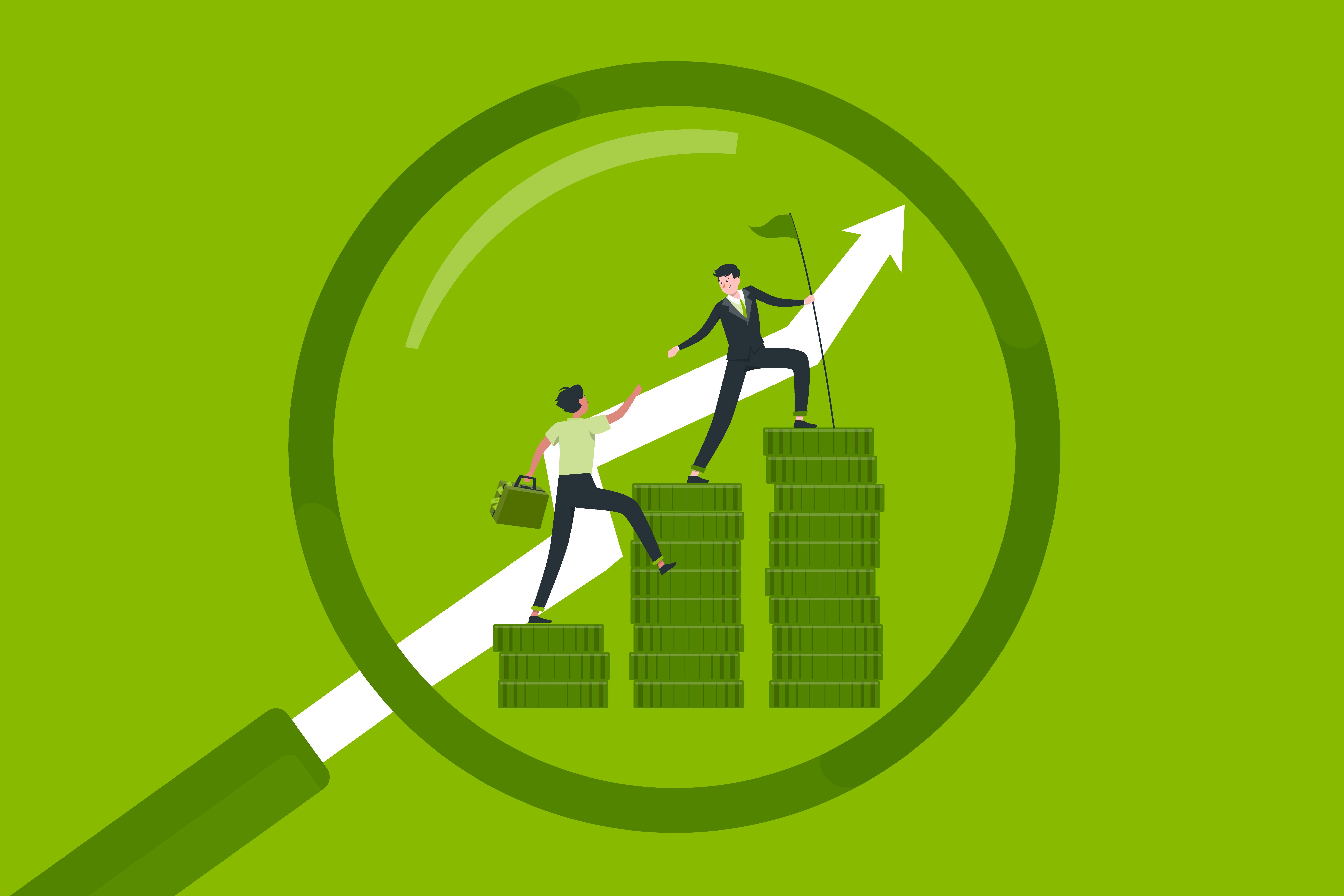 Illustration of a magnifying glass focused on two people climbing...