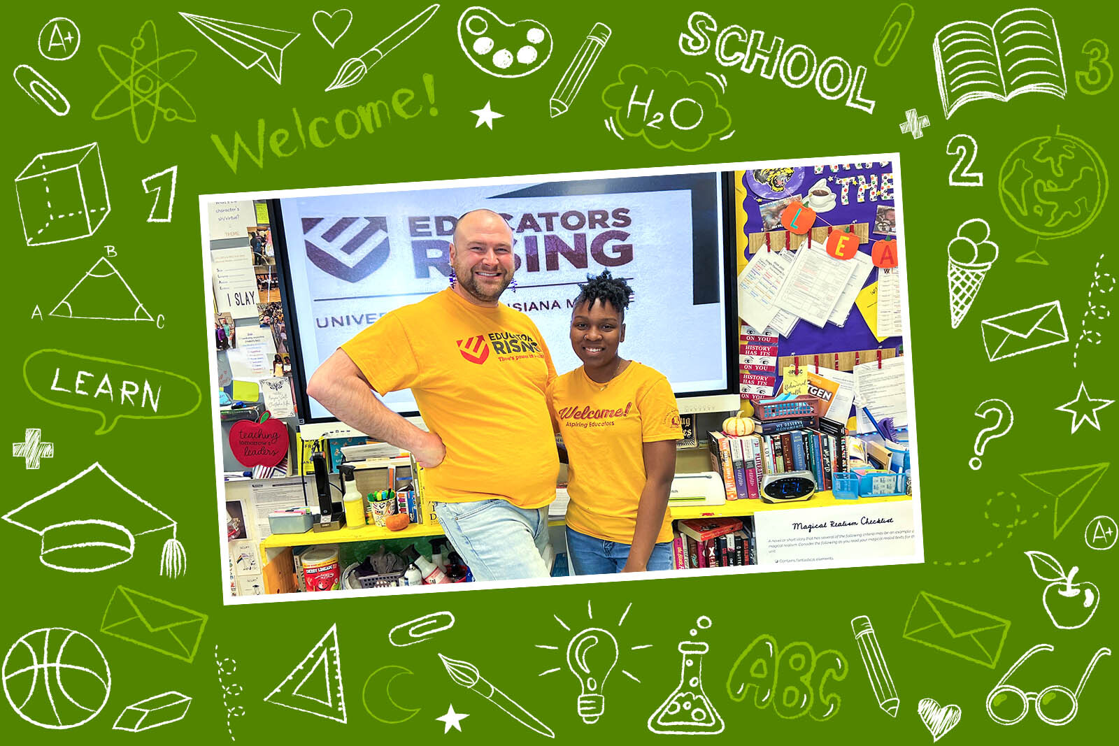 Photo of two happy smiling individuals in a classroom with...