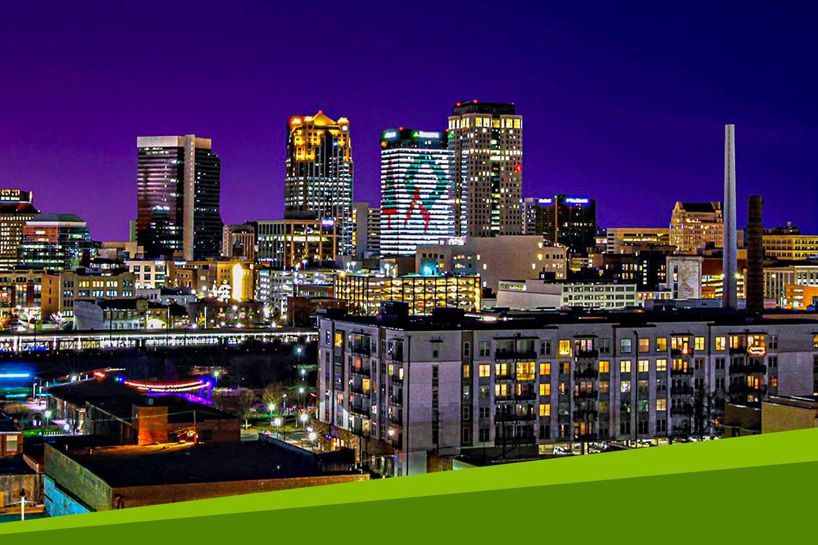 Regions Center Holiday lights displaying a Christmas tree and wreath.