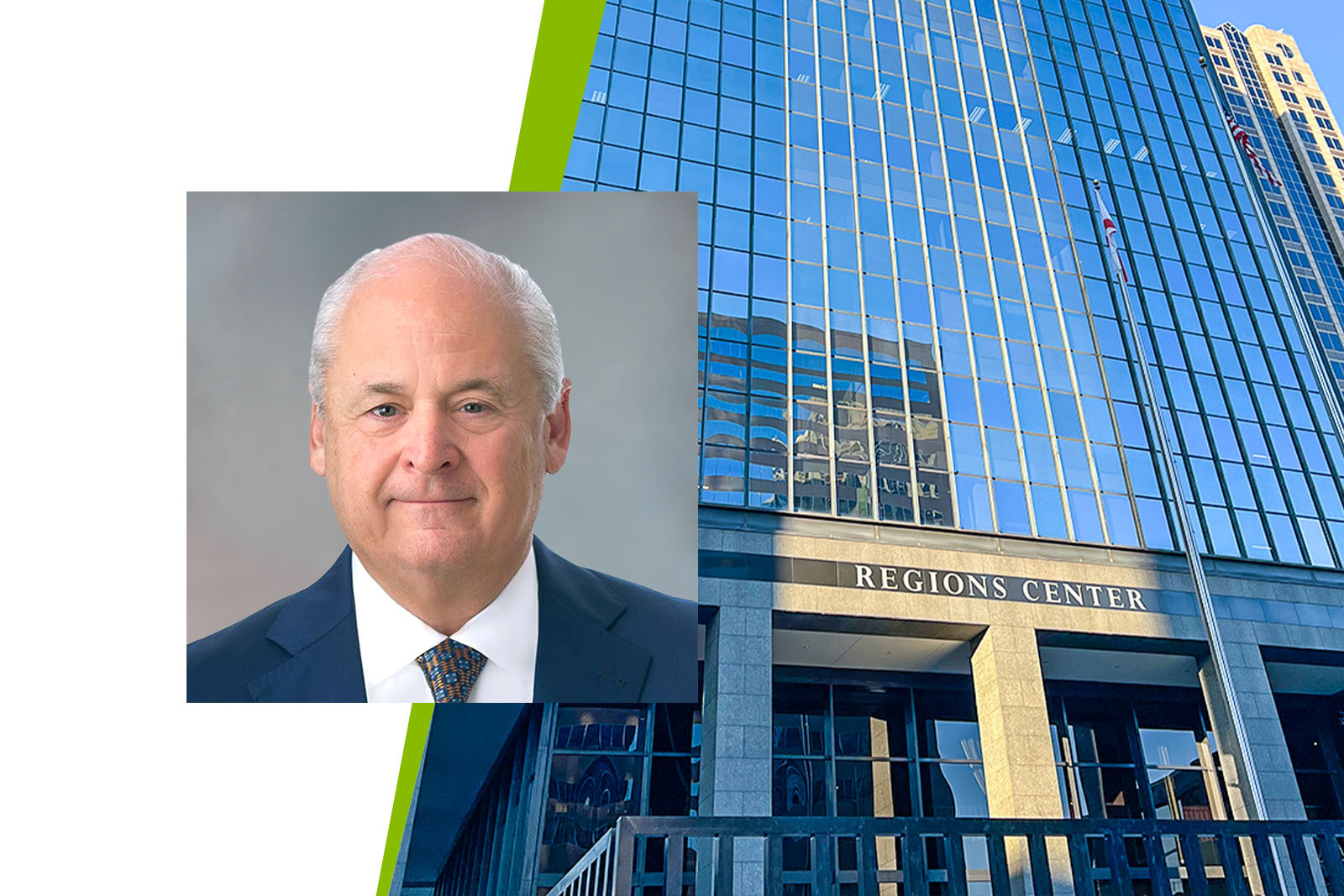 Regions Center and headshot photo of Roger W. Jenkins.