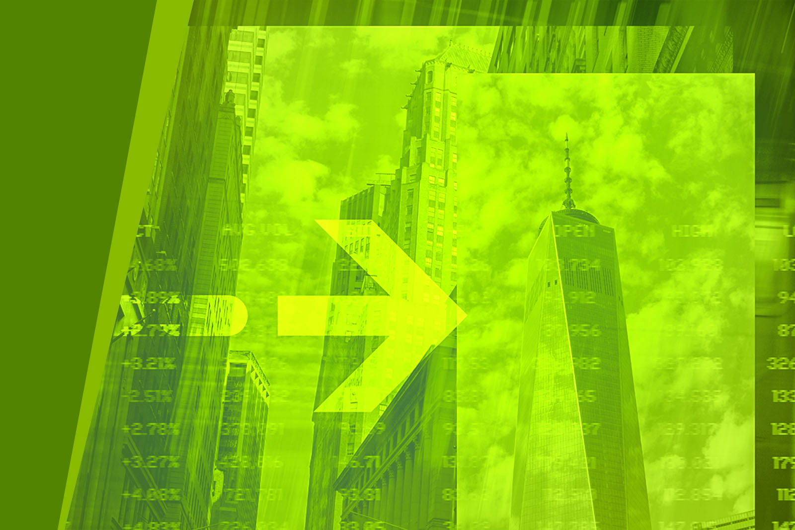 Graphic collage of stock numbers, an arrow and city skyline.