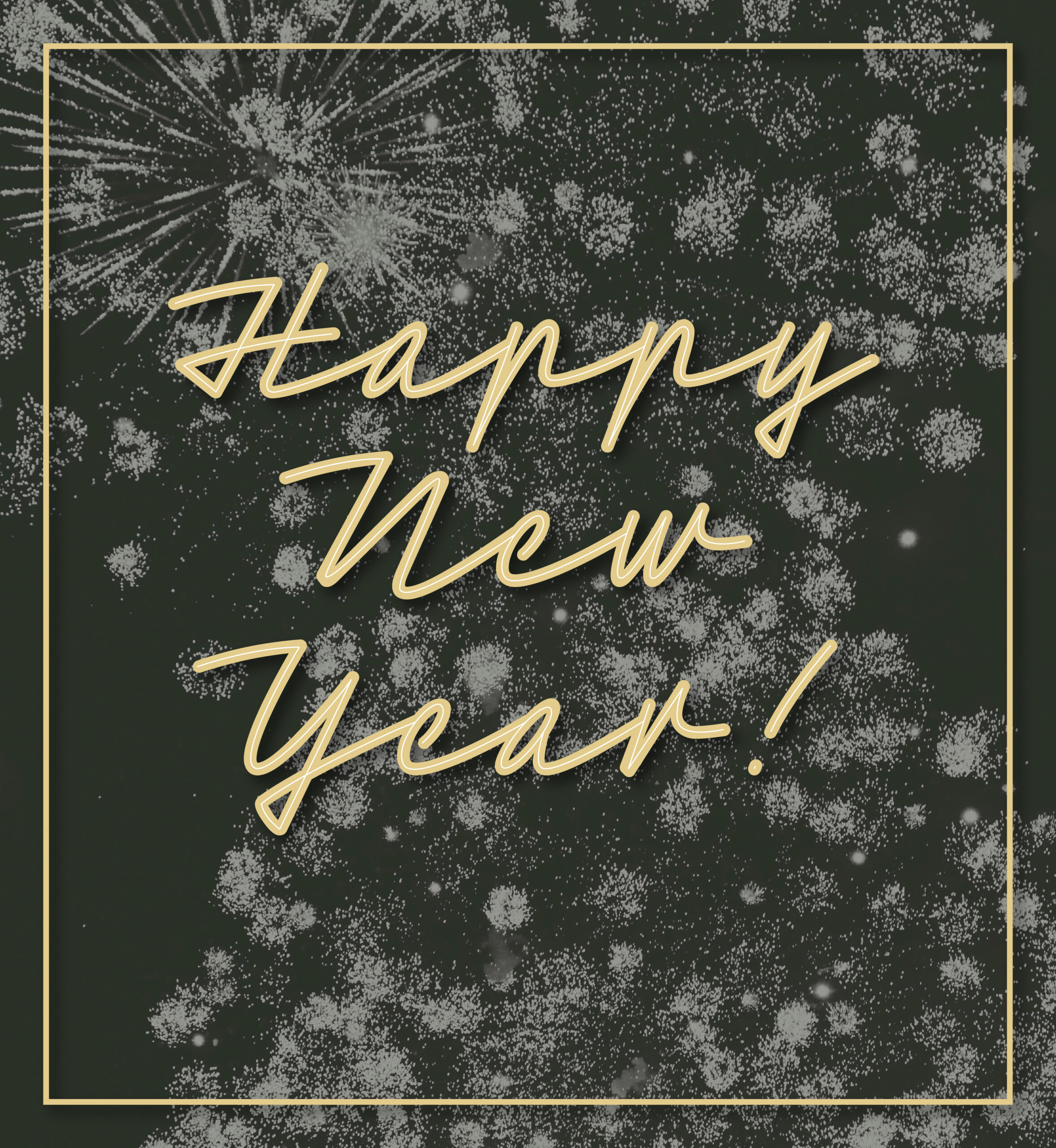 Fireworks with text overlay that reads "Happy New Year!"