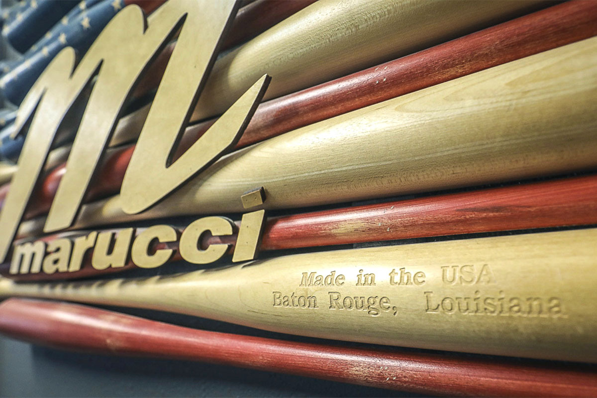 Wooden Marucci bats emblazoned with “Made in the USA/Baton Rouge, Louisiana.”