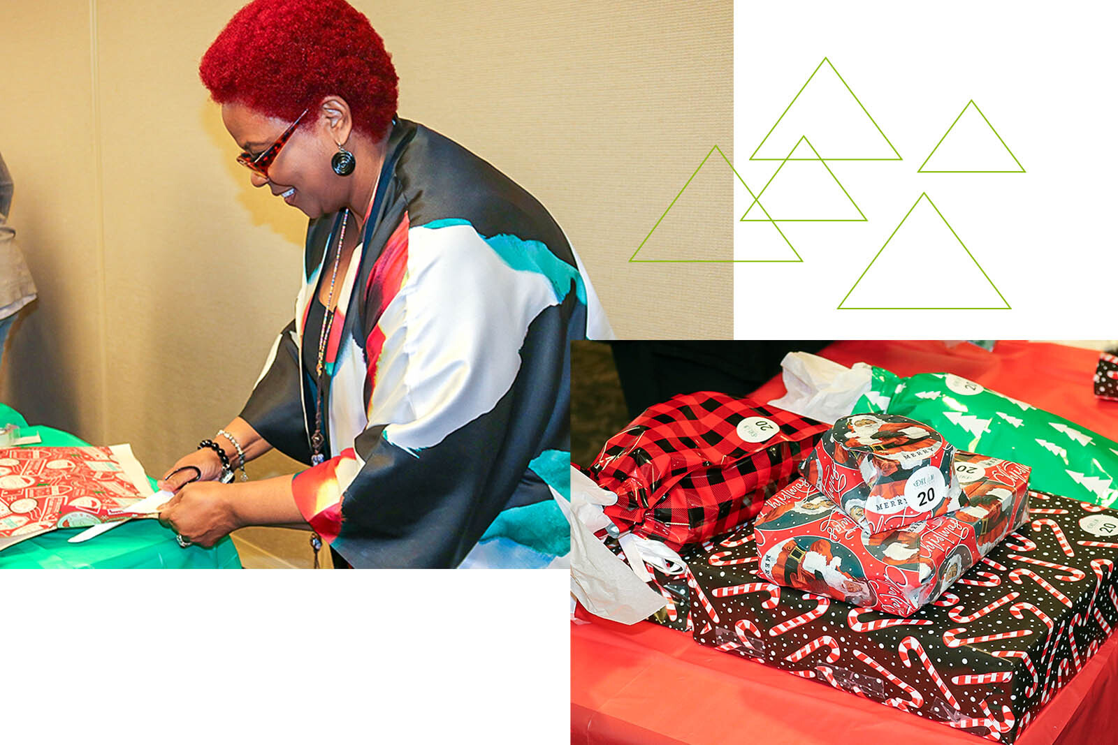 A photo collage of a person cutting wrapping paper and a table with stacked wrapped gifts.