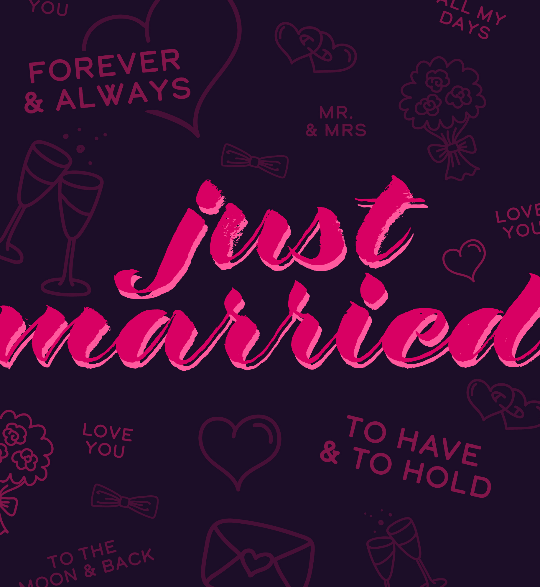 Wedding related illustrations (bouquet, love letter, champagne glasses, hearts). Text: Just married.