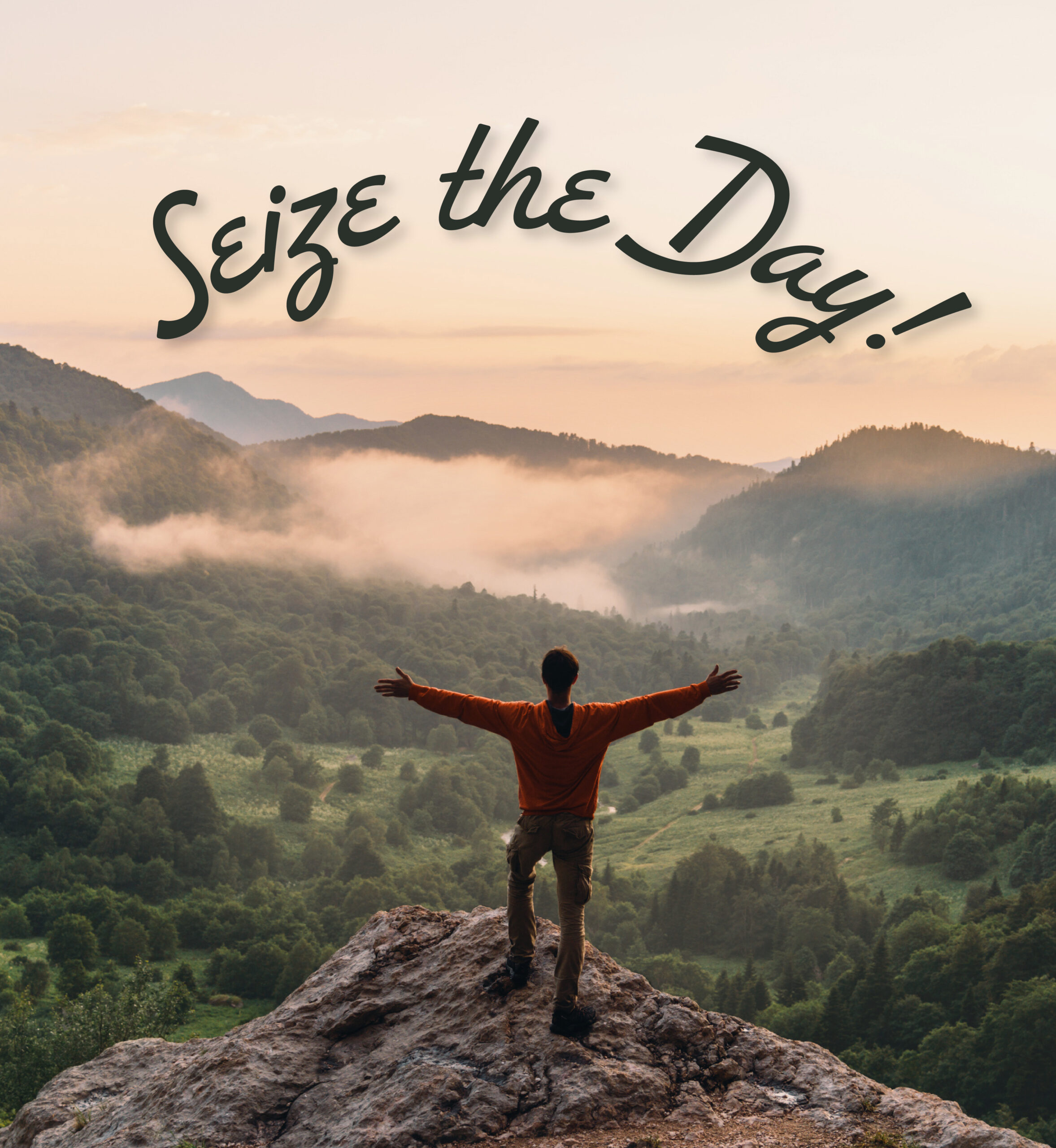 Person standing in front of mountain landscape with arms open. Text: Seize the Day!