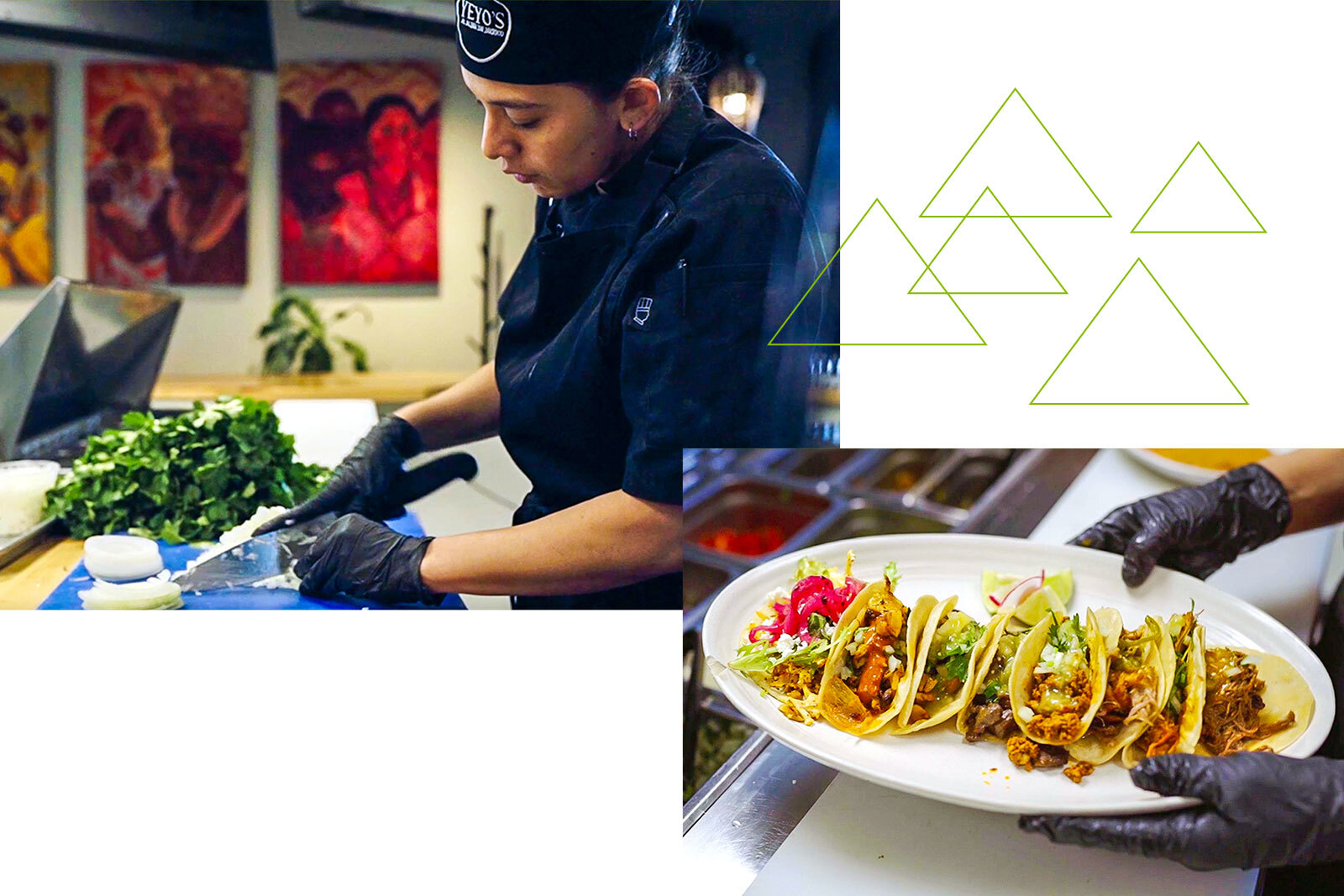 Two photo collage with one photo of a chef cutting up vegetables and the other photo of a plate of fresh tacos.