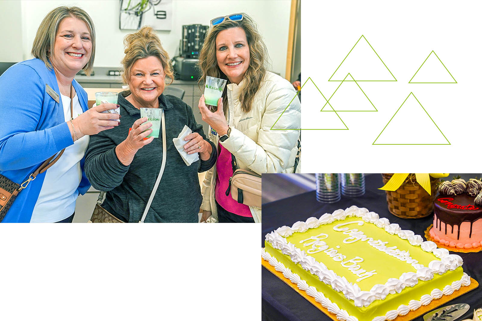 Photo collage of a group of people smiling with Regions cups and a decorated Regions cake.