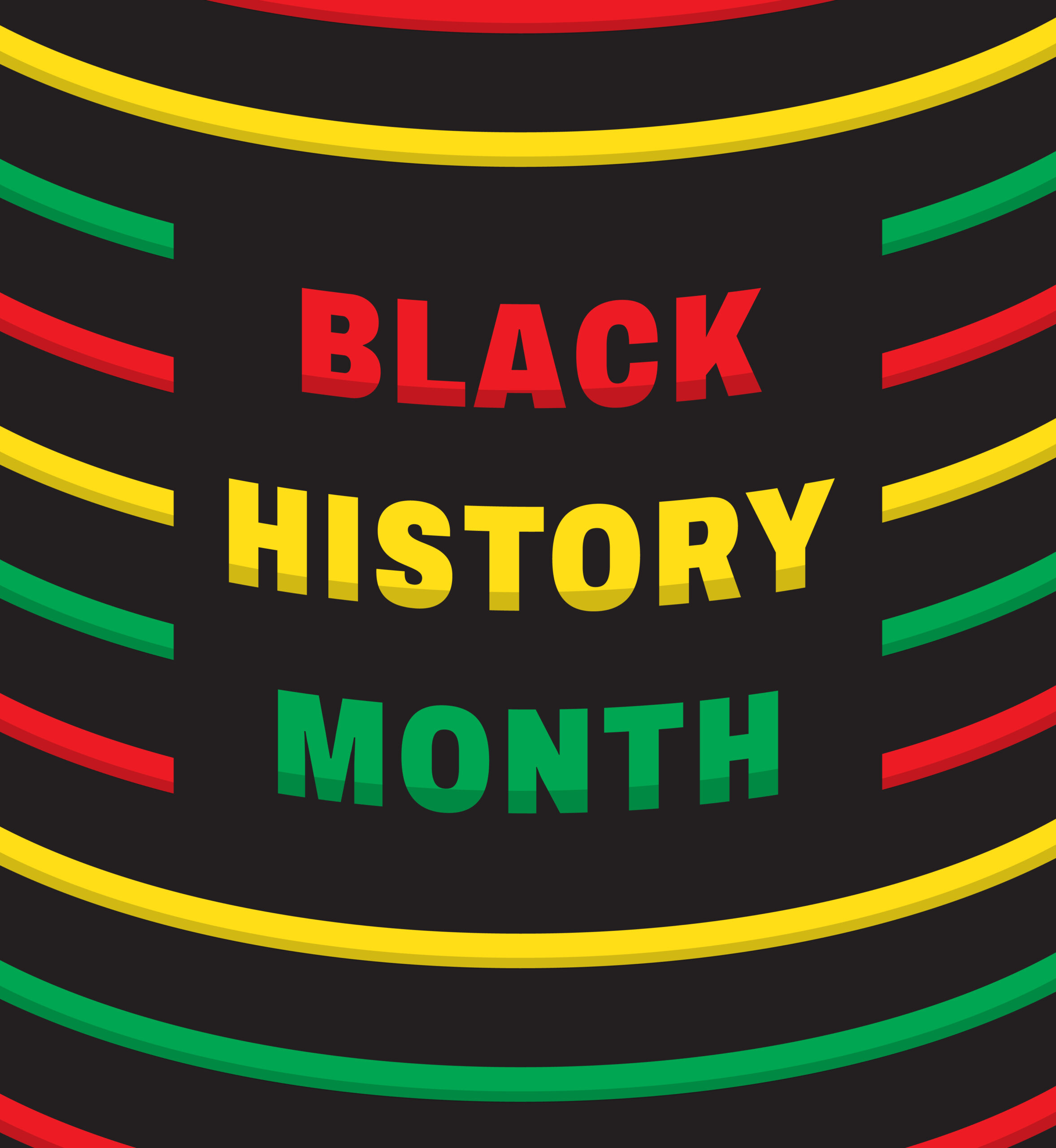 Striped pattern with yellow, green and red lines. Text: Black History Month.