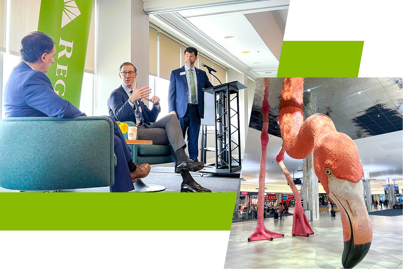 Photo collage of Regions associates speaking on stage and a...