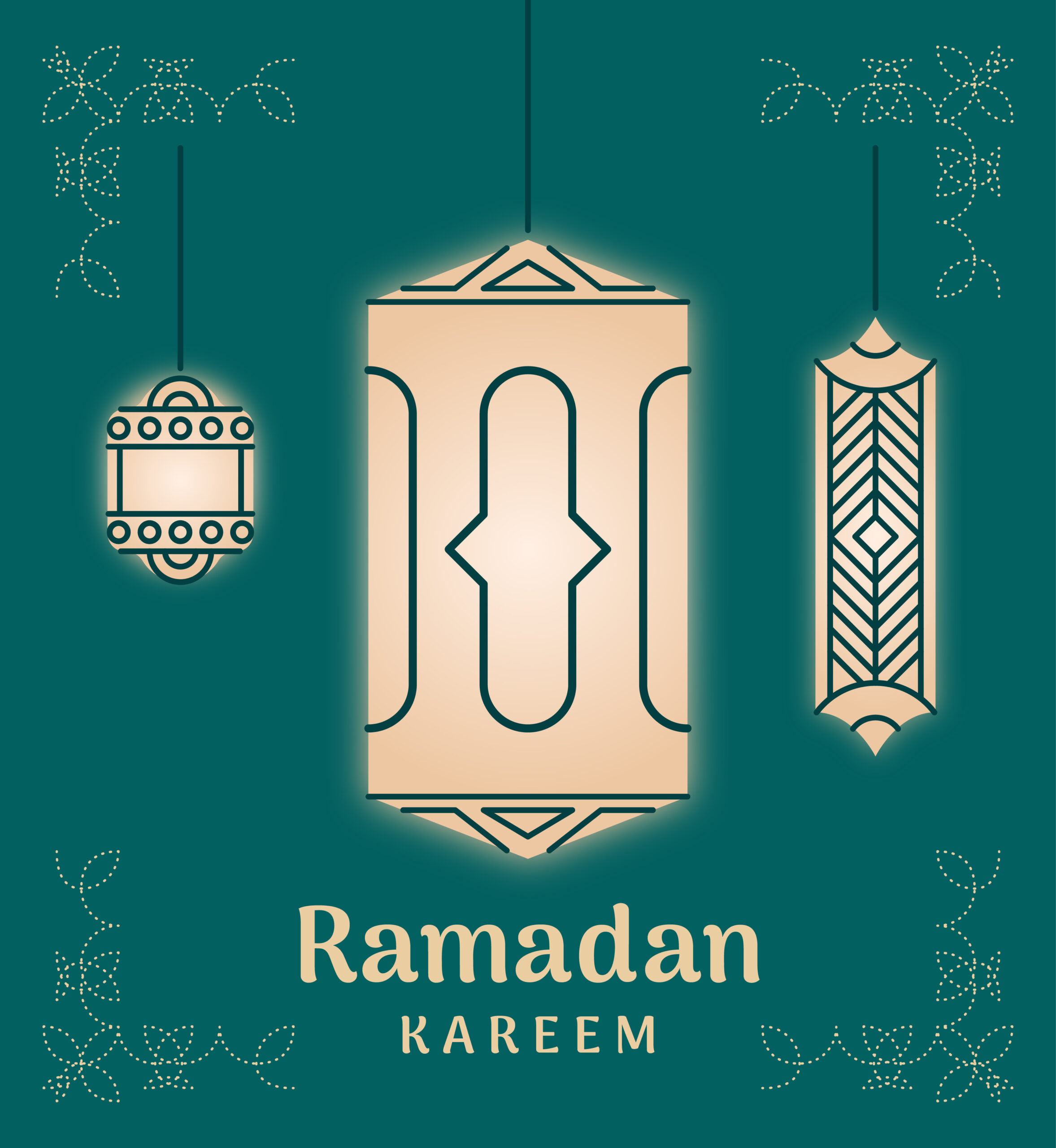 Illustration of three Ramadan lanterns. Text: Ramadan Kareem.
