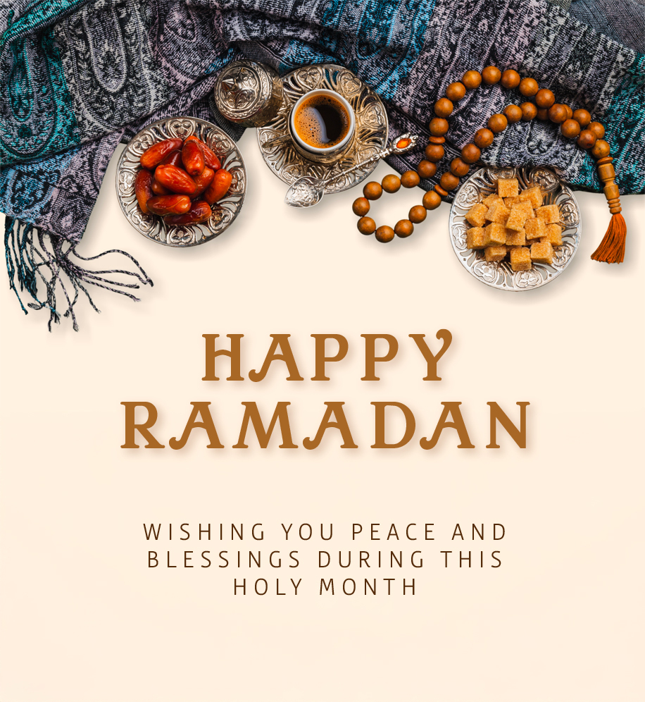 Dates, coffee and prayer beads next to patterned tablecloth. Text: Happy Ramadan. Wishing you peace and blessings during this holy month.