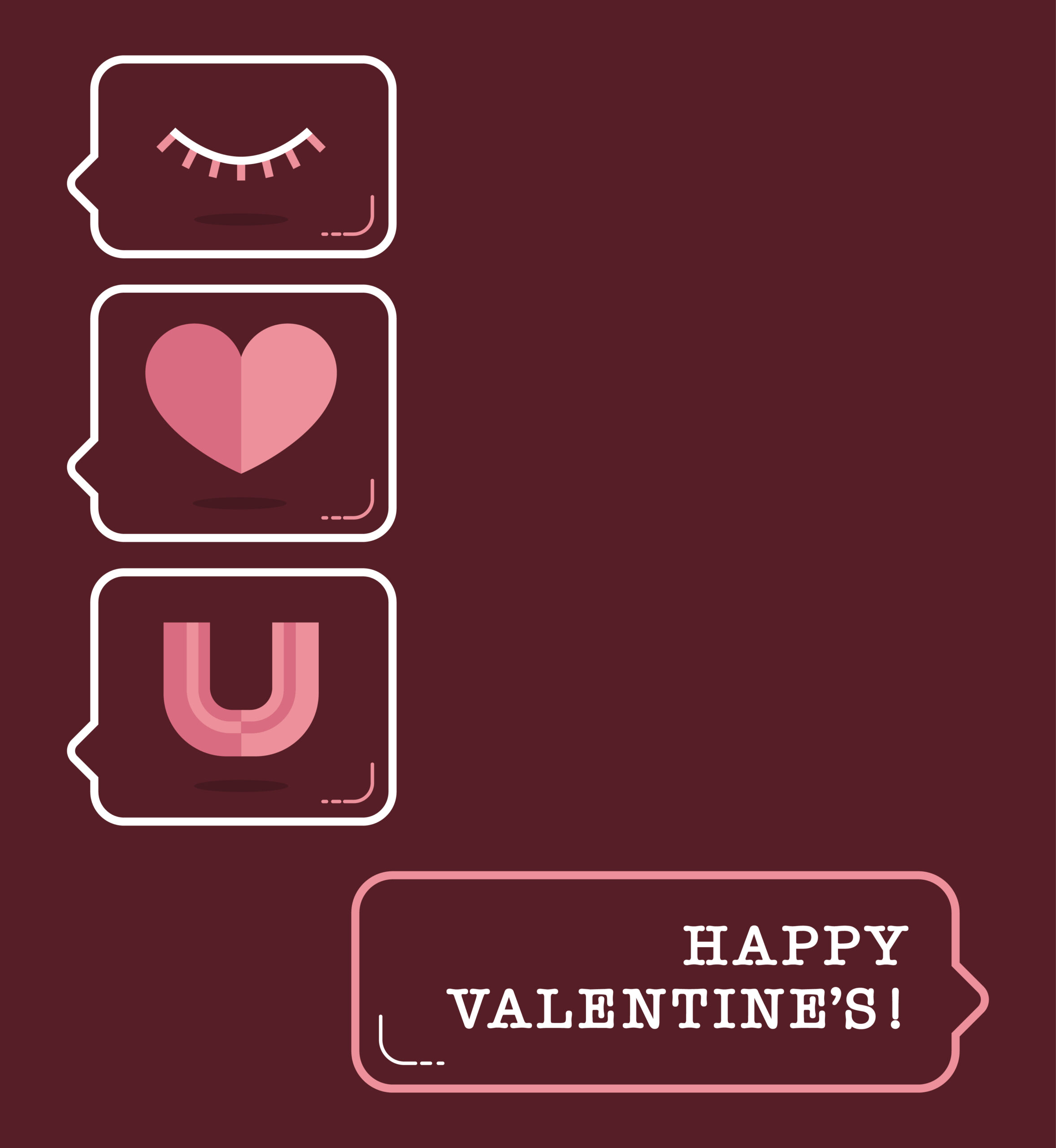 Illustration of text conversation. First messages are illustrations of an eye, heart and letter U. Last message reads "Happy Valentine's".