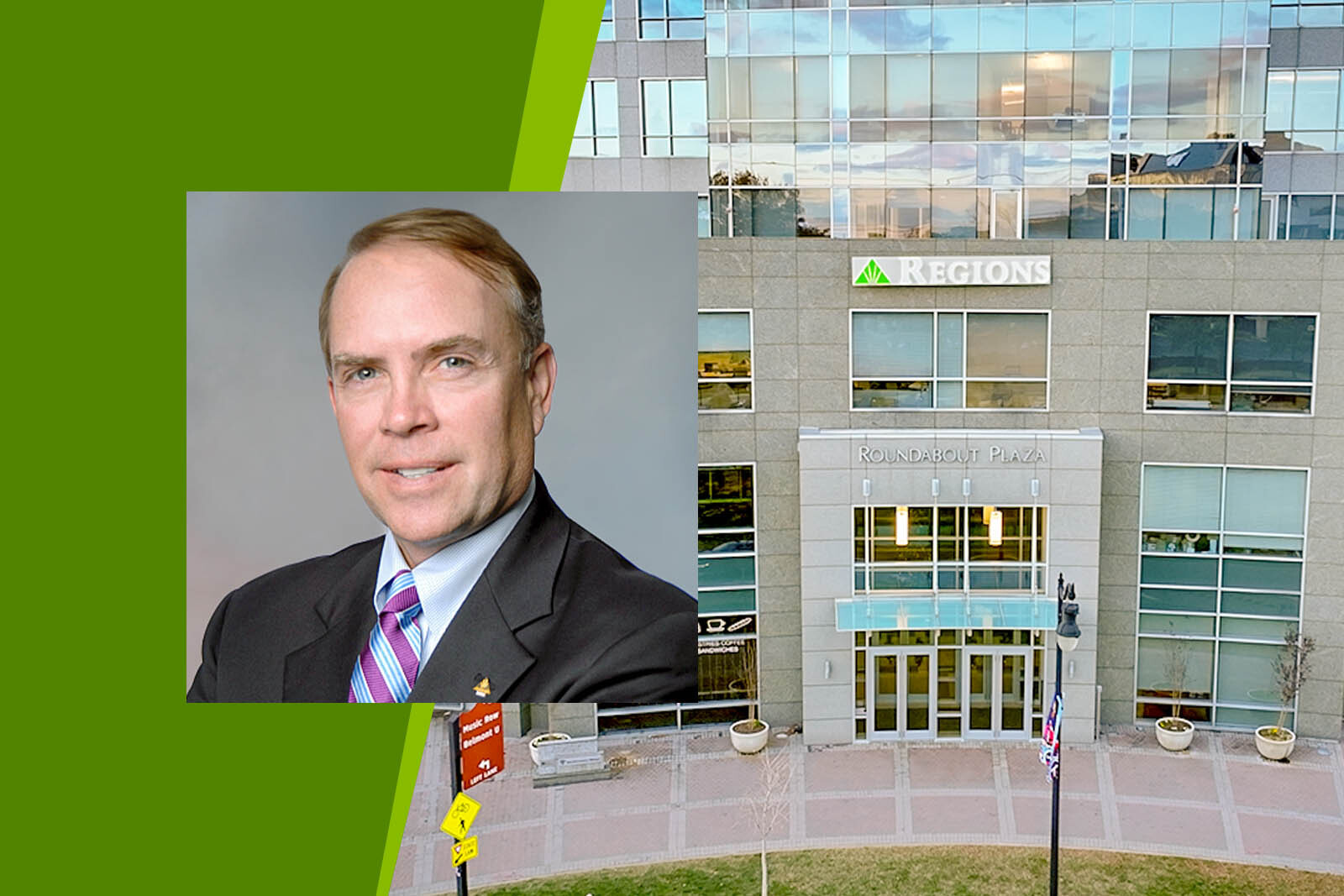 Headshot of Lee Blank and the main entrance of the...