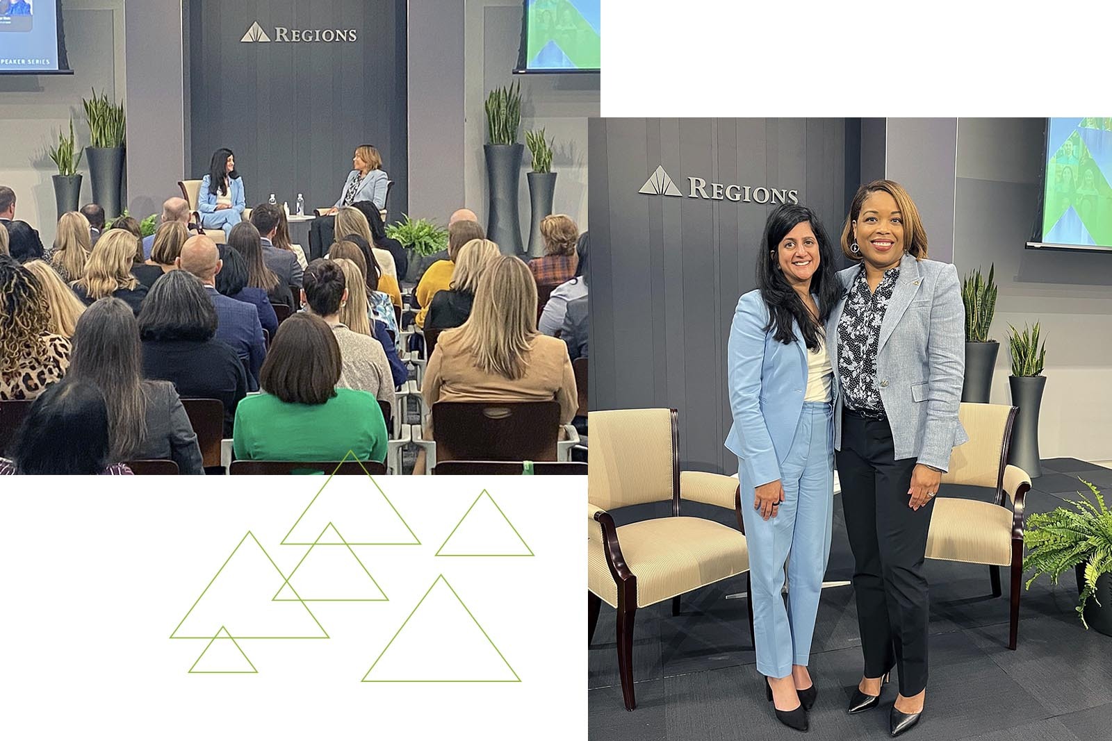 Photo collage of Bijal Shah and Seanna McGough smiling and presenting on stage in front of audience.