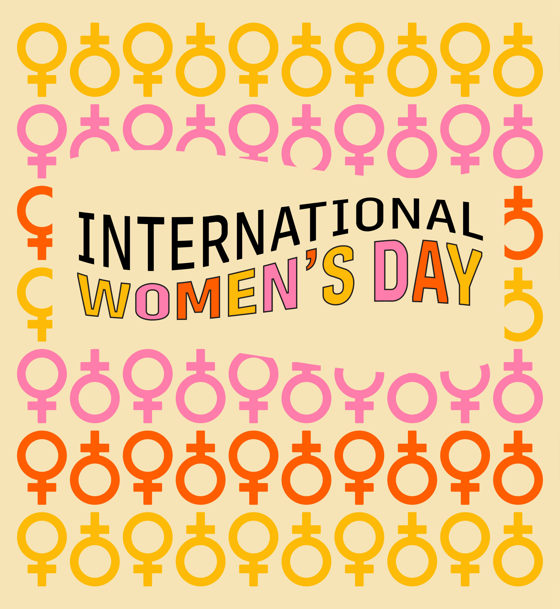 Multicolored female gender symbol pattern. Text: International Women's Day.