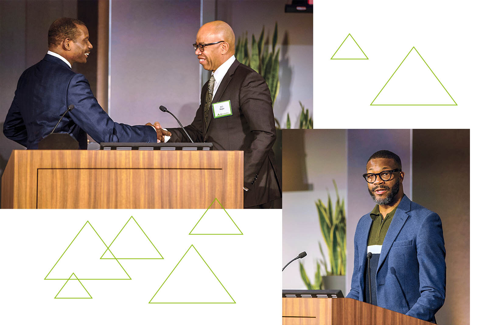 Leroy Abrahams and Lt. General A.C. Roper shaking hands and Mayor Randall Woodfin.