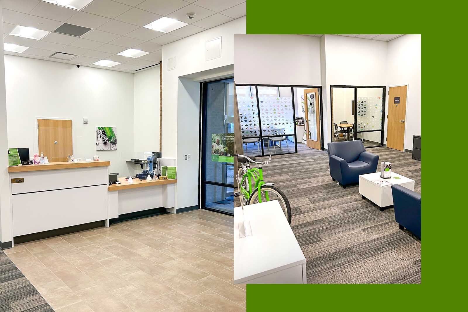 Collage of a new branch-banking space for consumers and small-business...