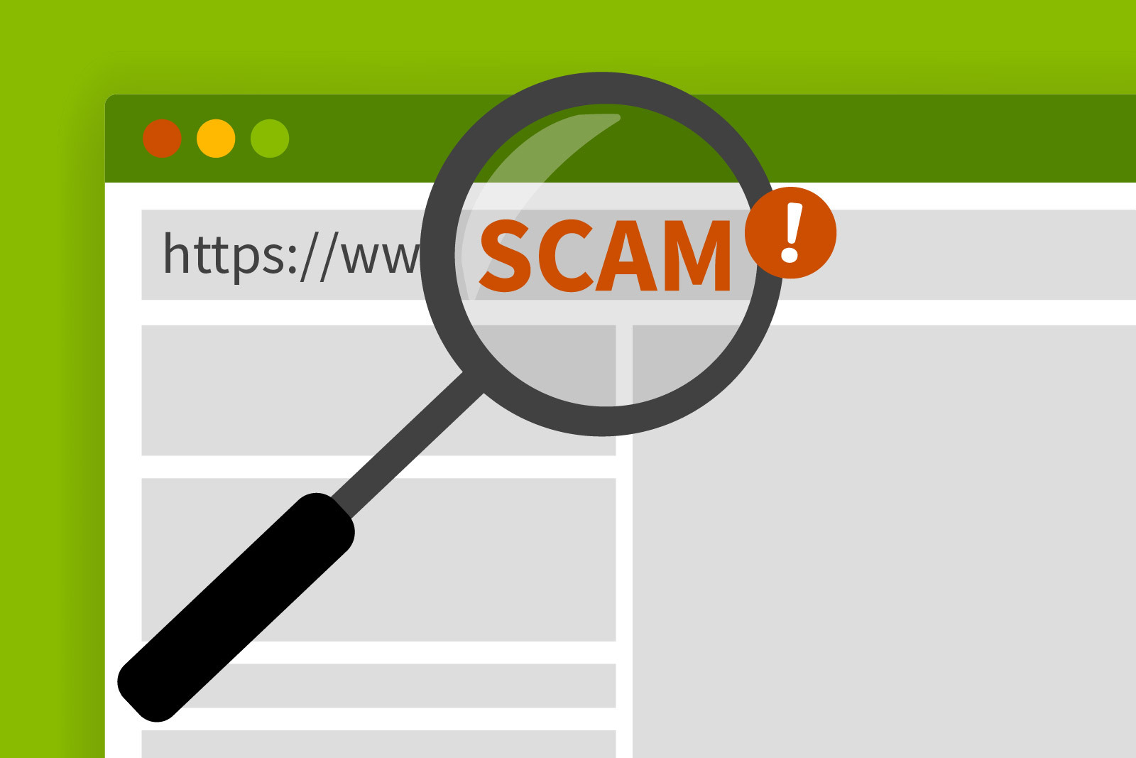 Website spoofing Illustration of a web browser and a magnifying...