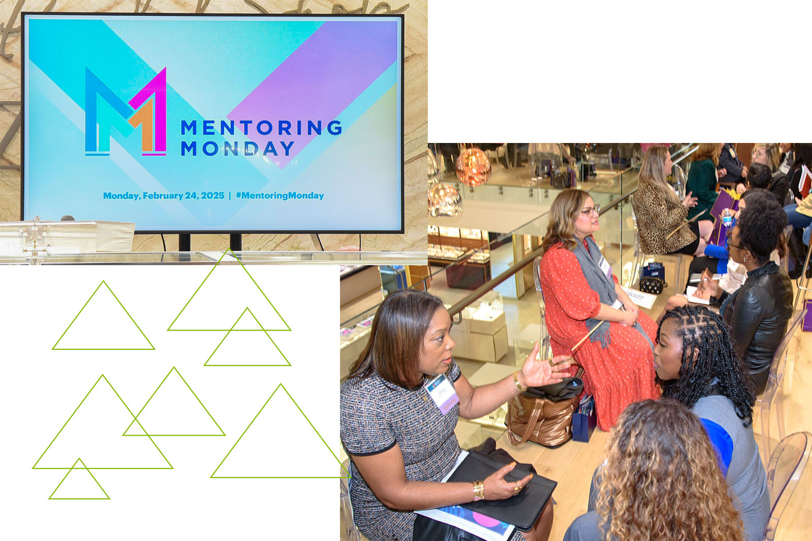 Photo collage of the Mentoring Monday logo on a tv screen and a group of women sitting and having conversation.