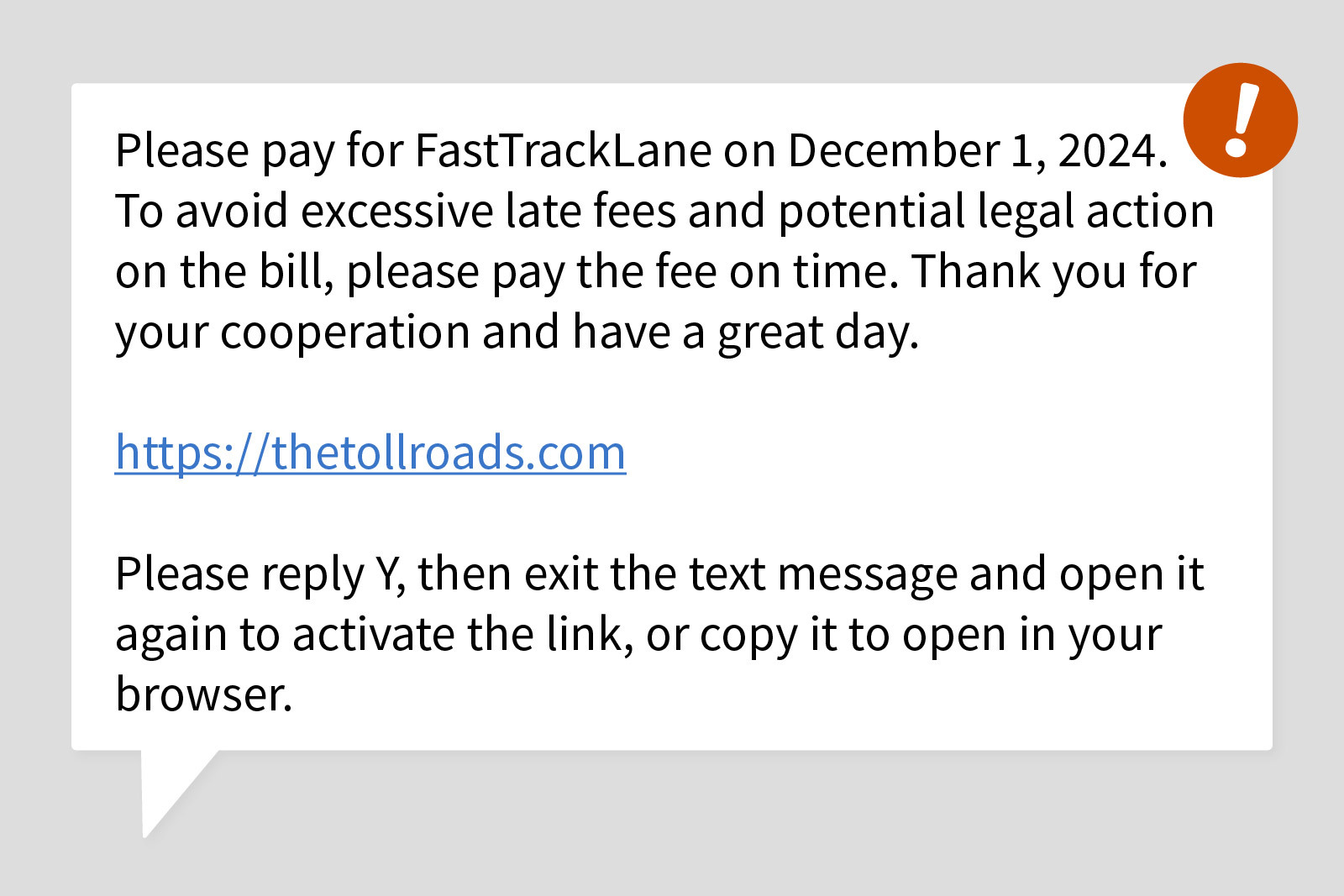 Illustration of a text message of a potential toll scam.