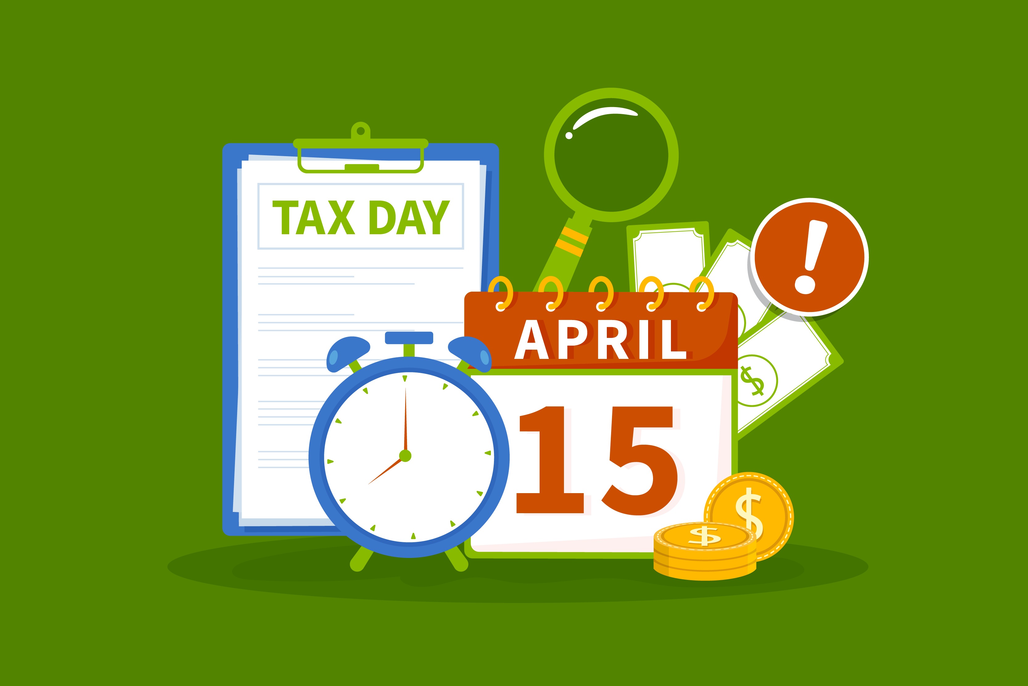 Tax Day illustration with clipboard form, clock, calendar and coins...