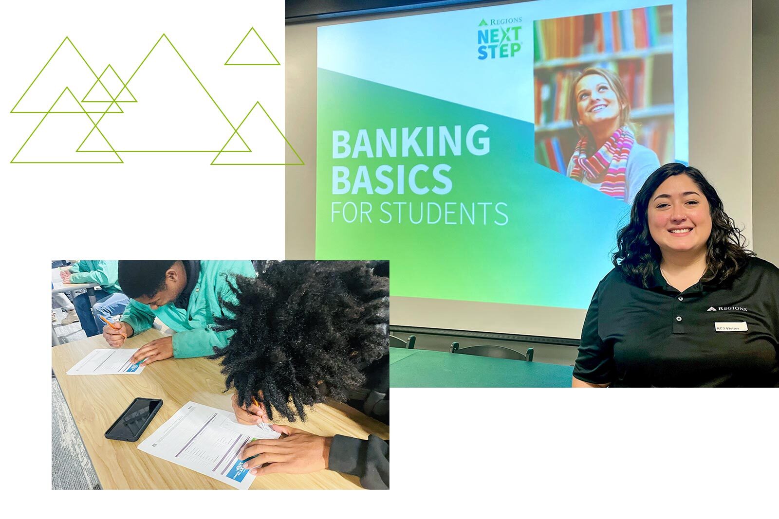 Collage featuring students at the Reality Check program and Karen from Regions Bank explaining banking basics for students. 